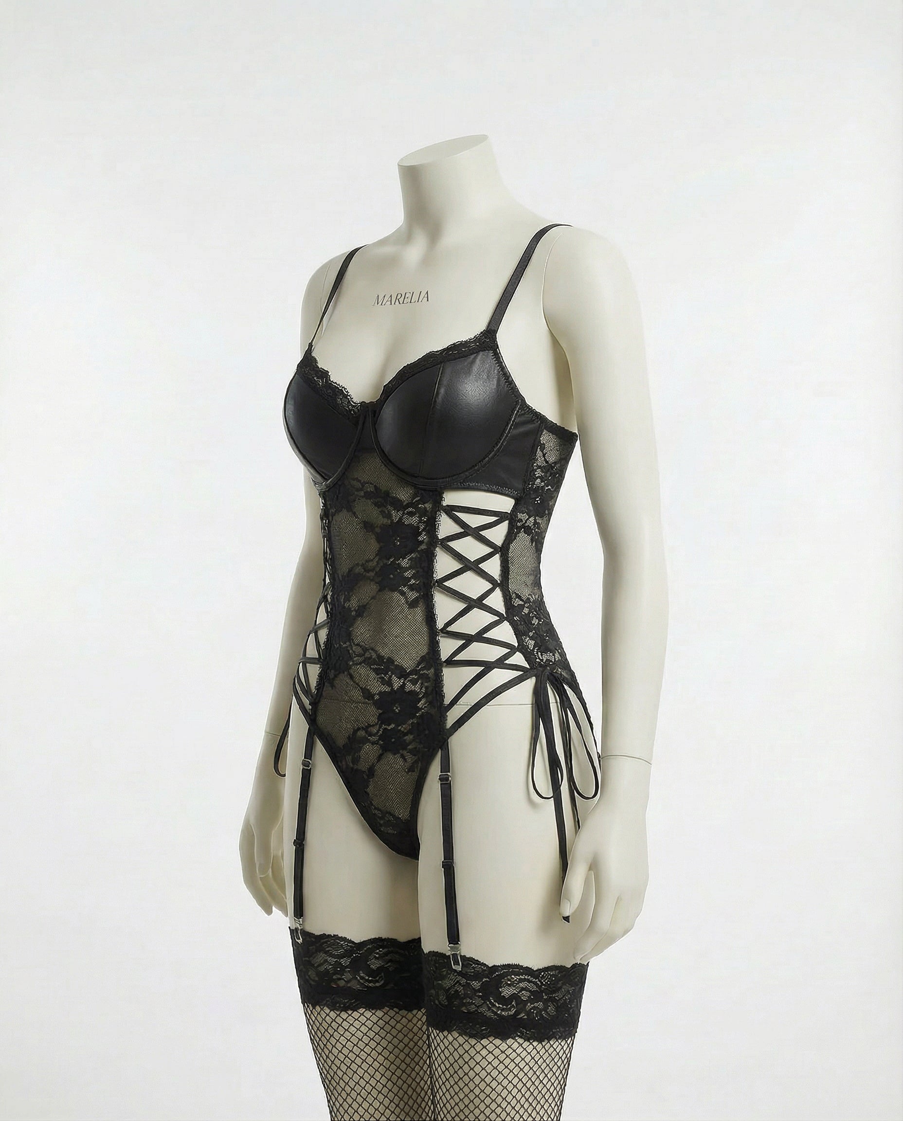 Faux Leather And Lace Bodysuit With Suspender Belt