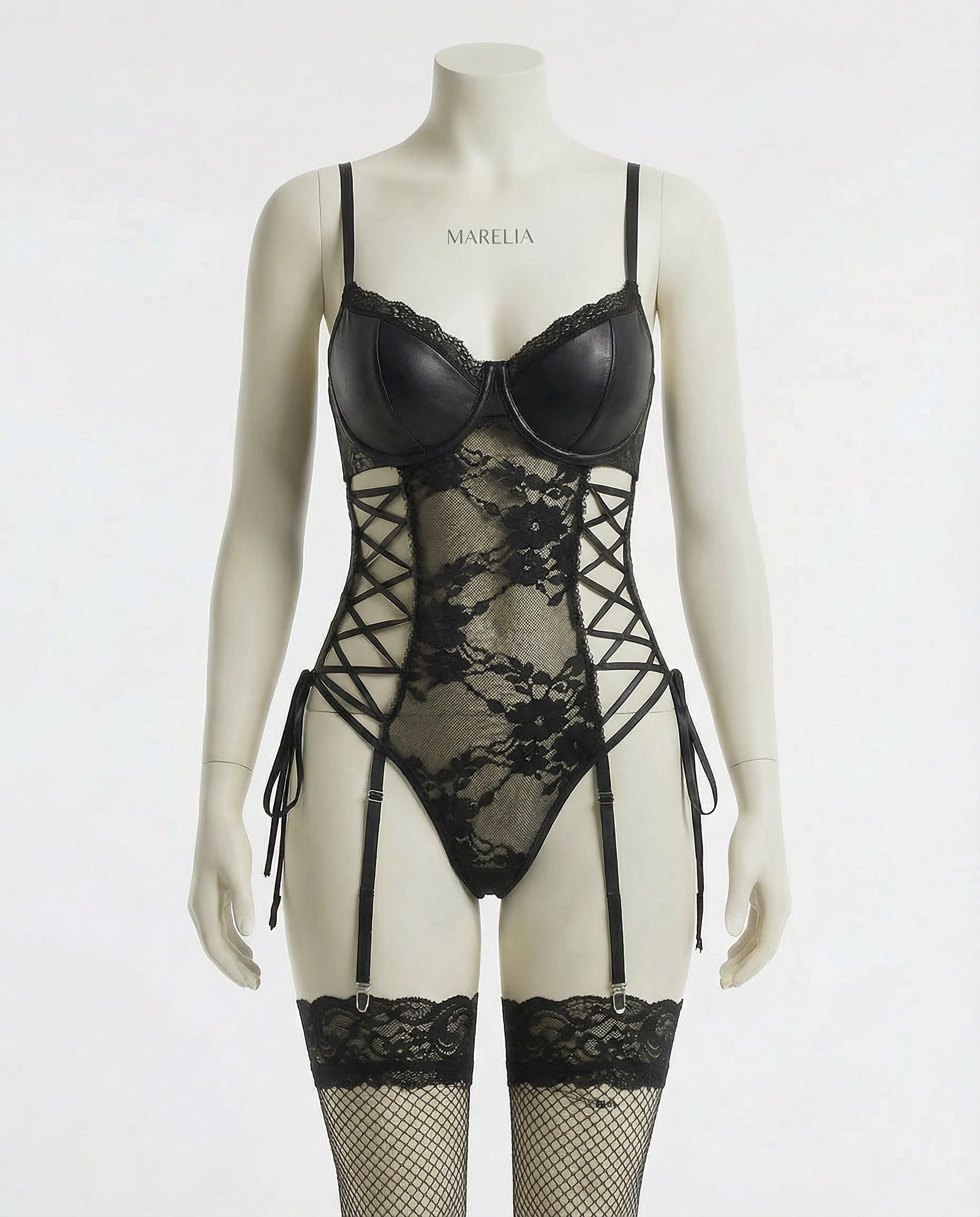 Faux Leather And Lace Bodysuit With Suspender Belt