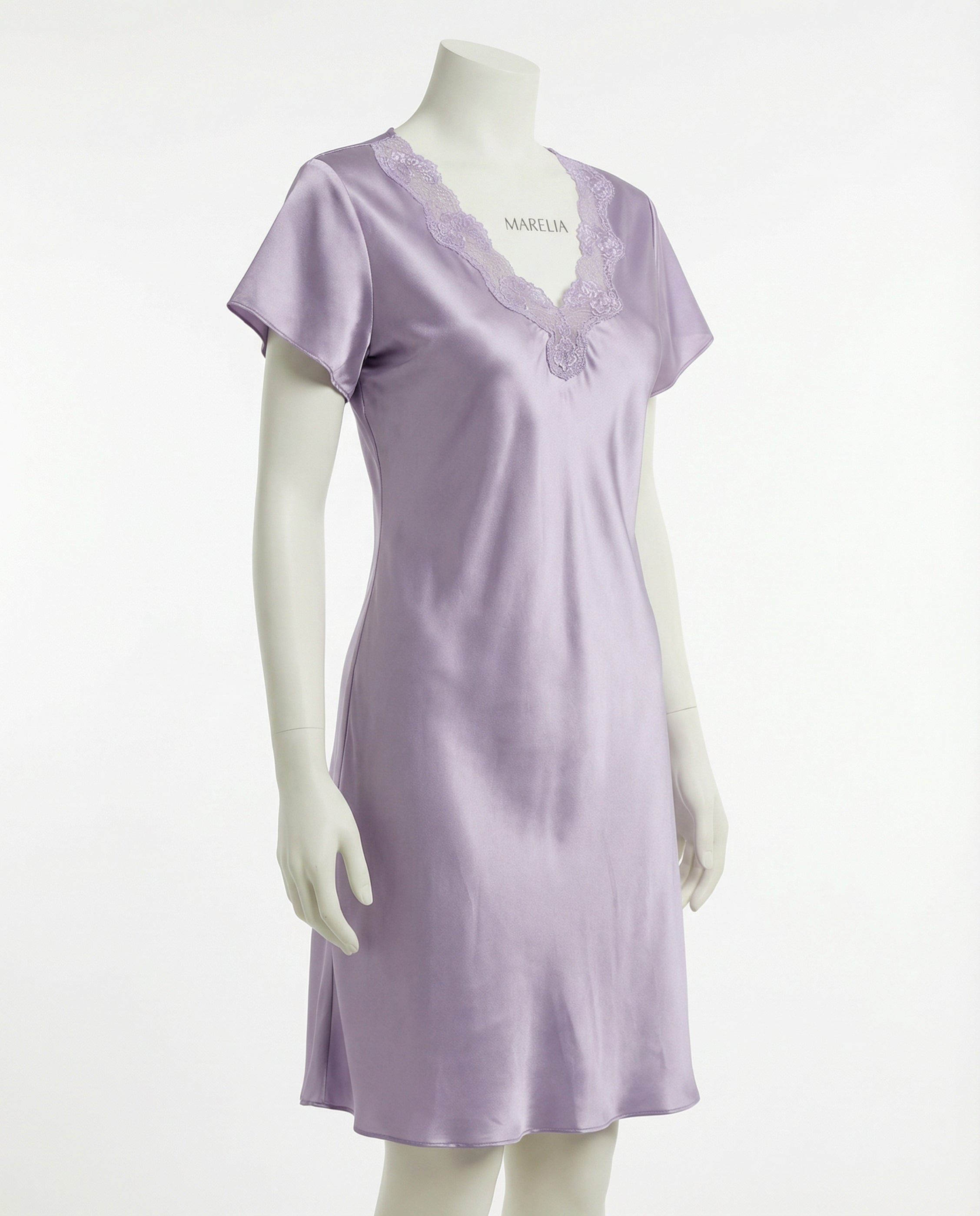 Marelia - SIlk Lace Trim Short Sleeve Chemise With Side Slit