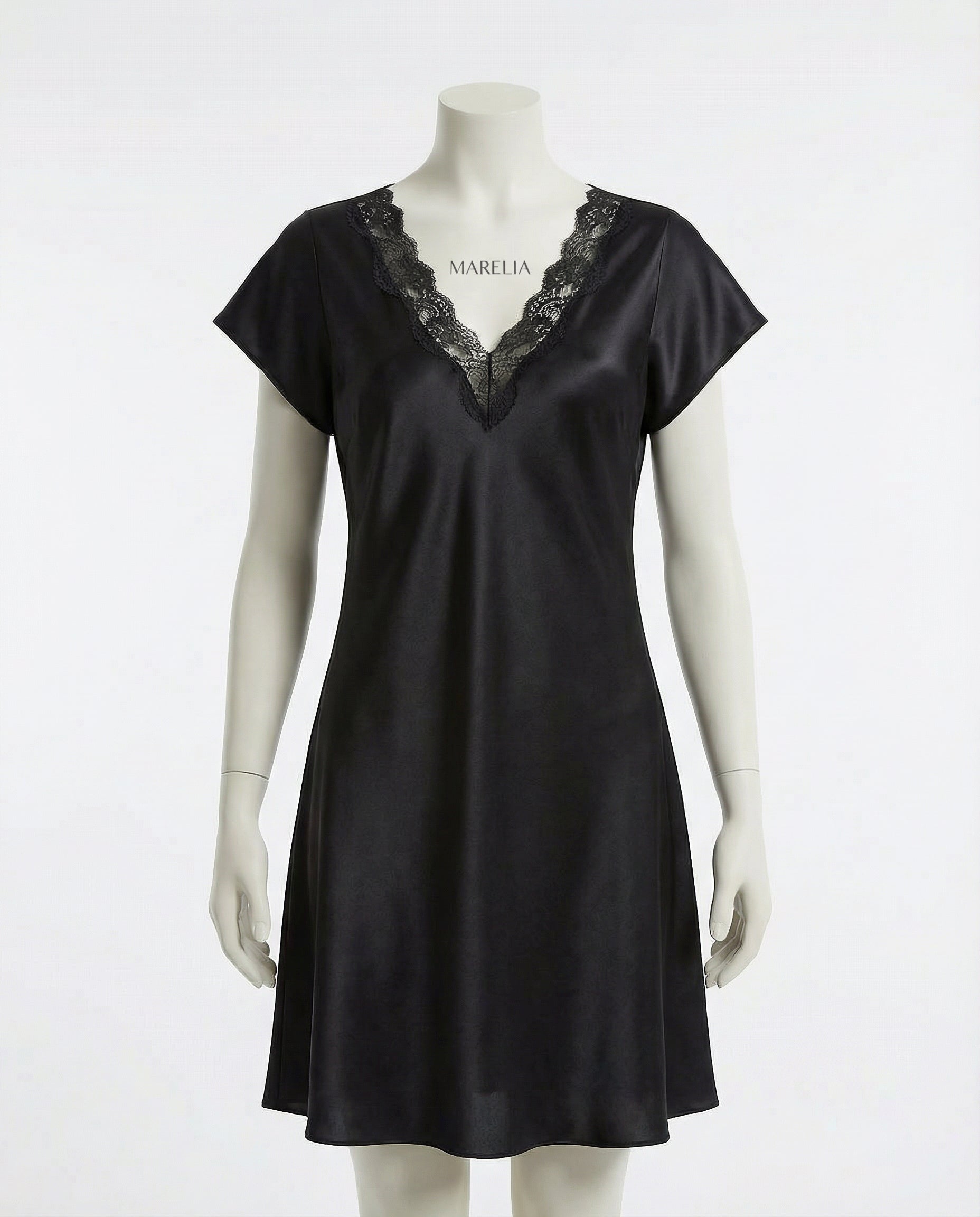 Marelia - SIlk Lace Trim Short Sleeve Chemise With Side Slit