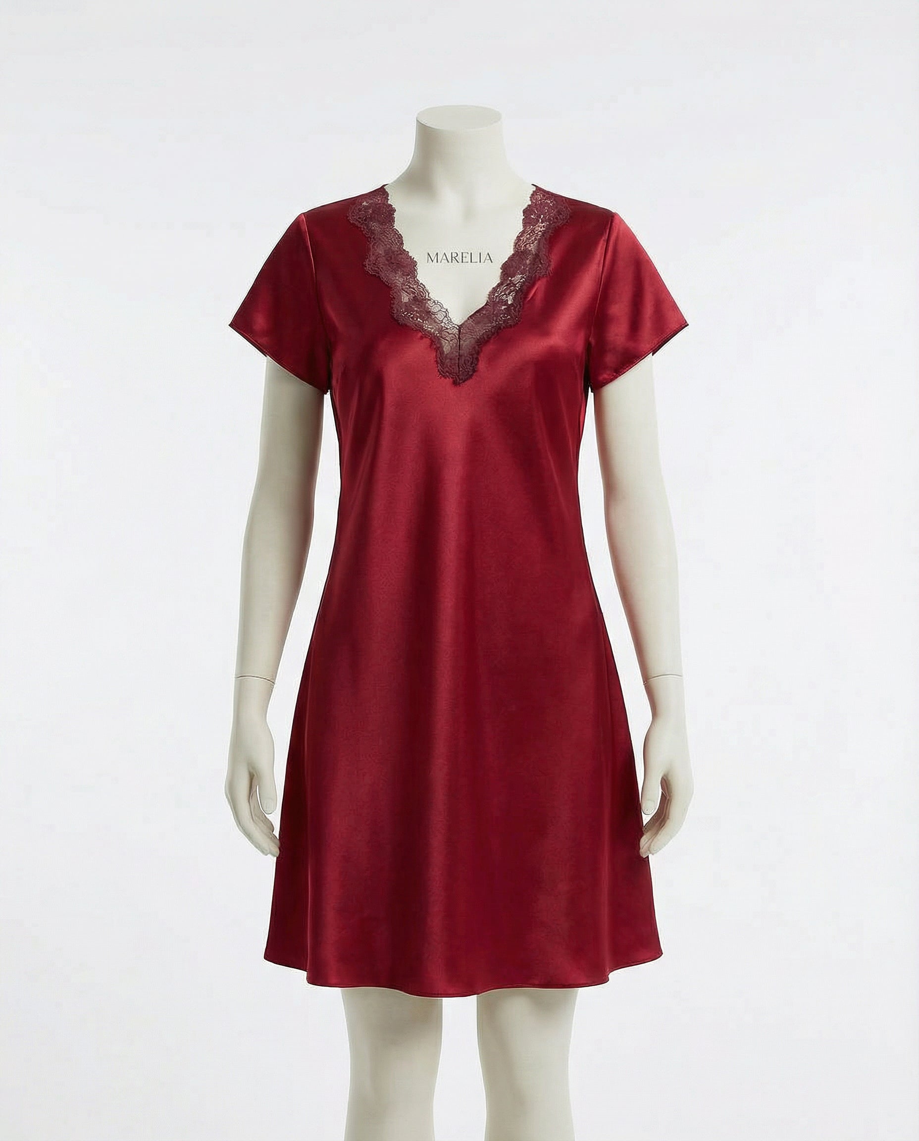 Marelia - SIlk Lace Trim Short Sleeve Chemise With Side Slit