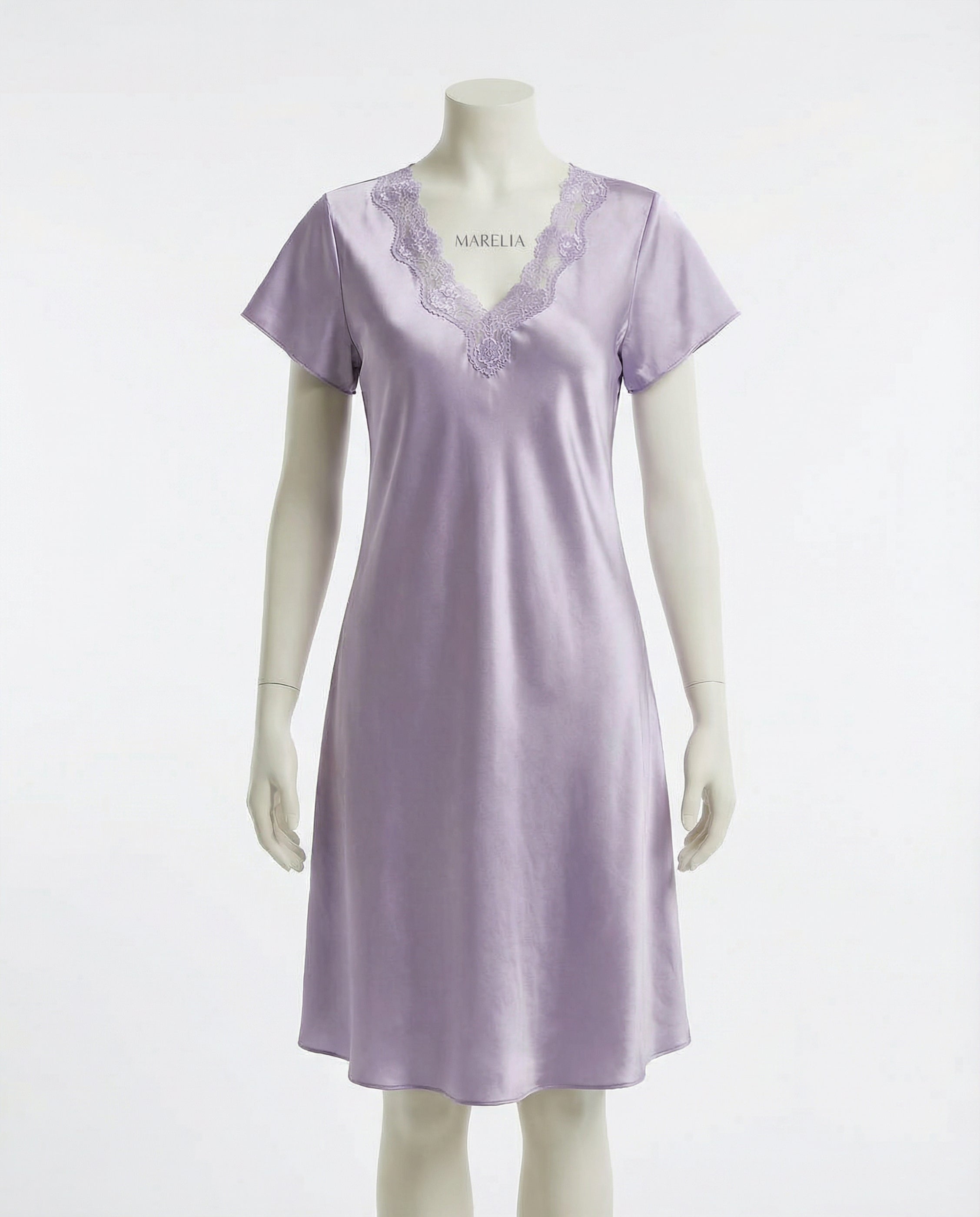 Marelia - SIlk Lace Trim Short Sleeve Chemise With Side Slit