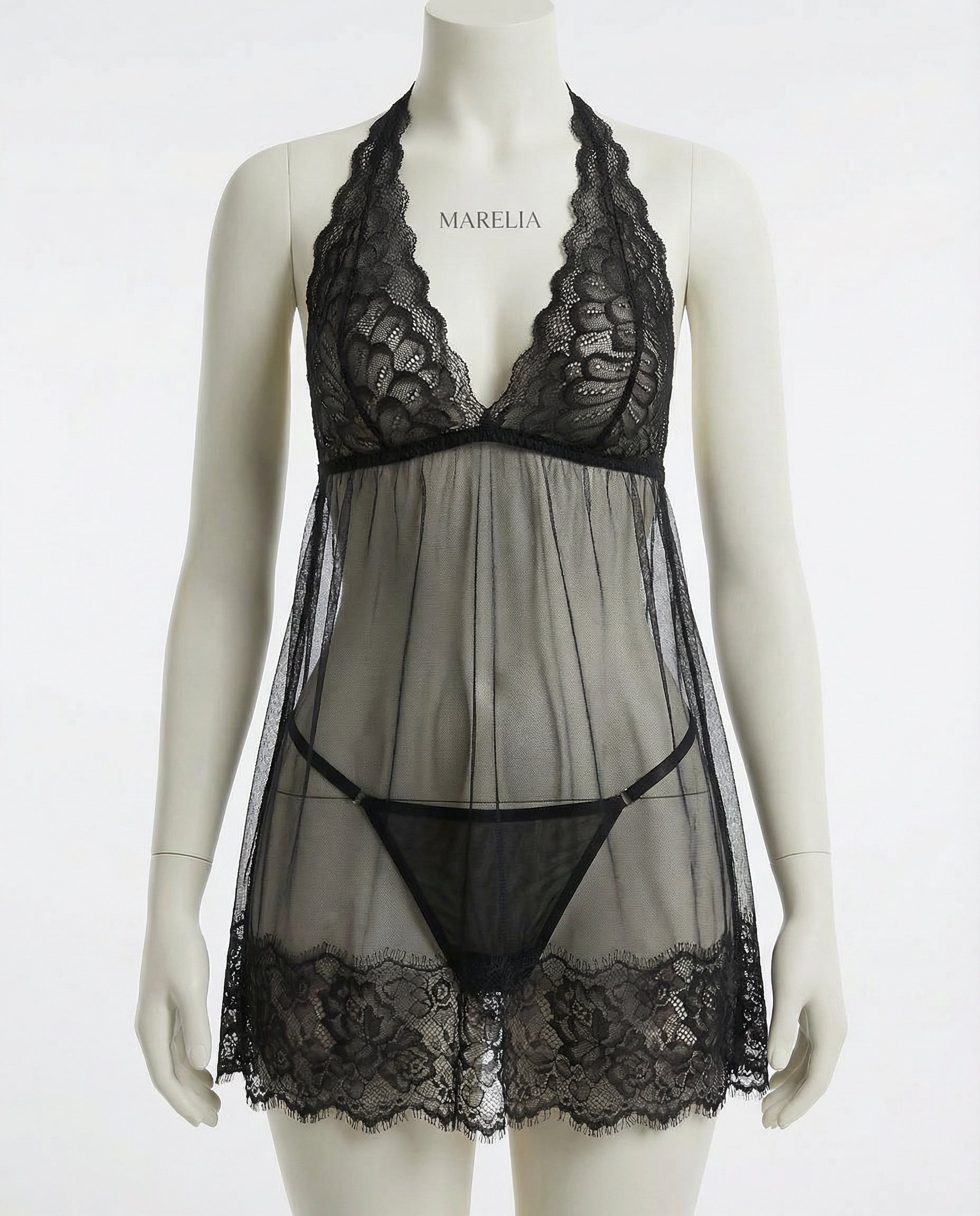 Marelia - Sheer Mesh Babydoll With Lace Trim And Brief Set