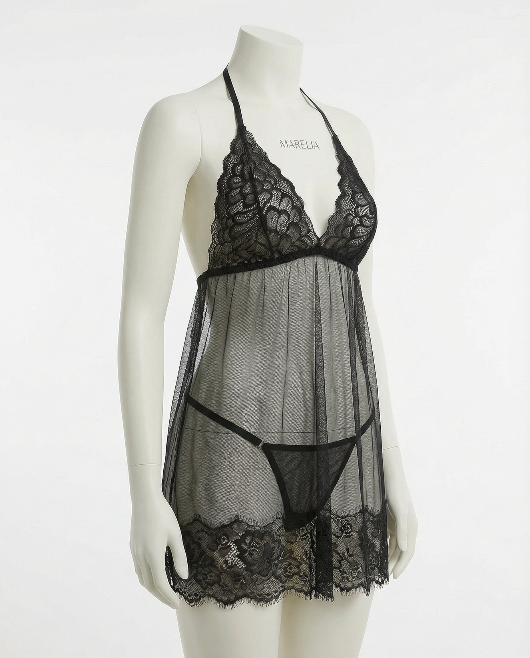 Marelia - Sheer Mesh Babydoll With Lace Trim And Brief Set