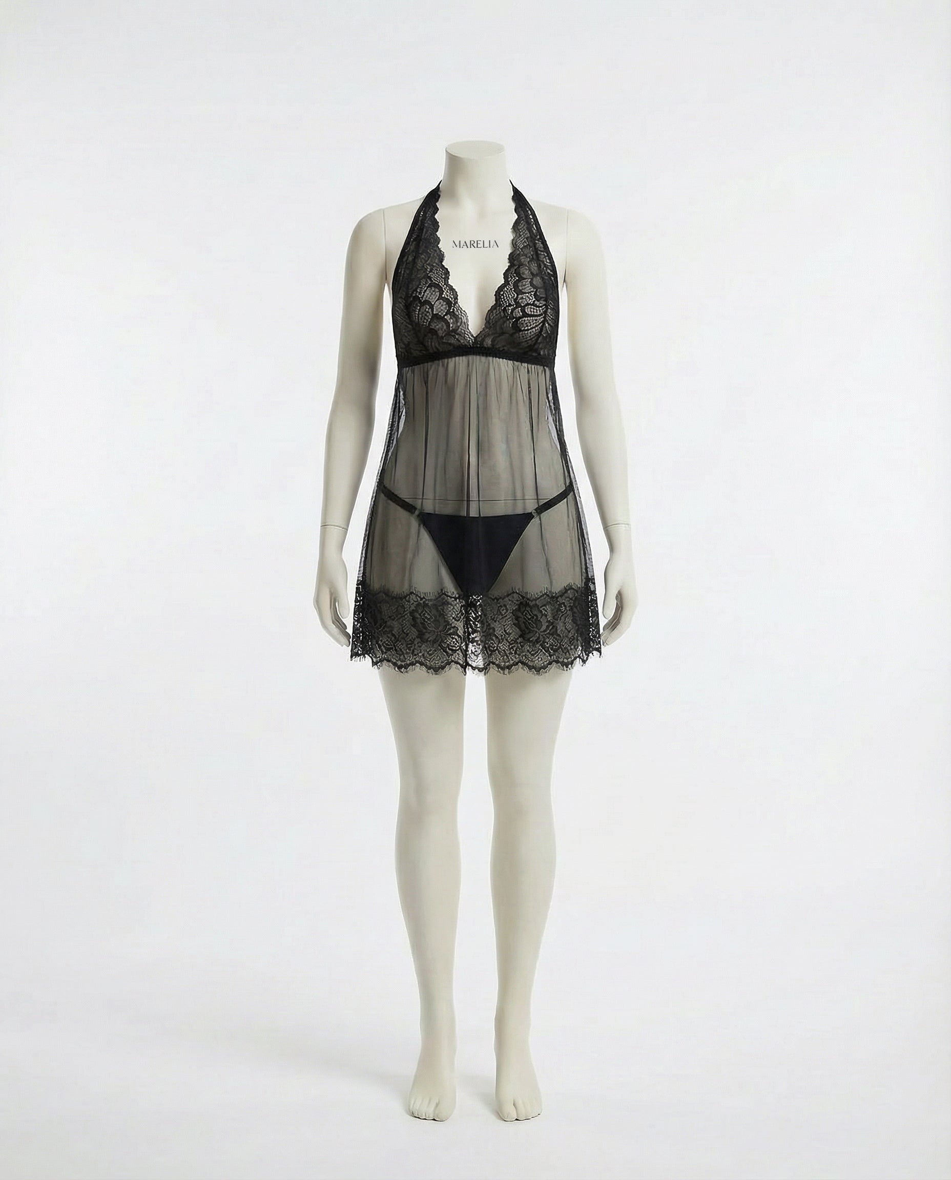 Marelia - Sheer Mesh Babydoll With Lace Trim And Brief Set