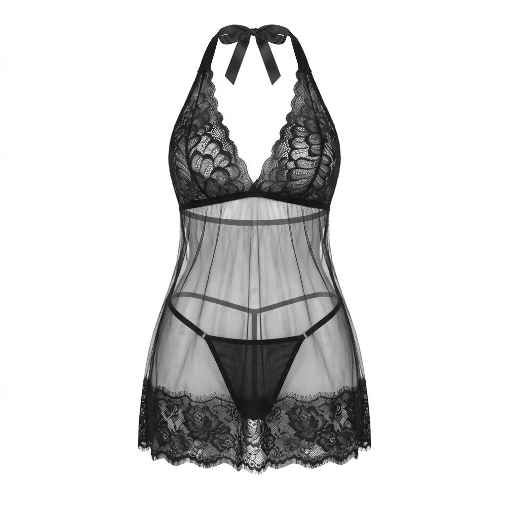 Marelia - Sheer Mesh Babydoll With Lace Trim And Brief Set