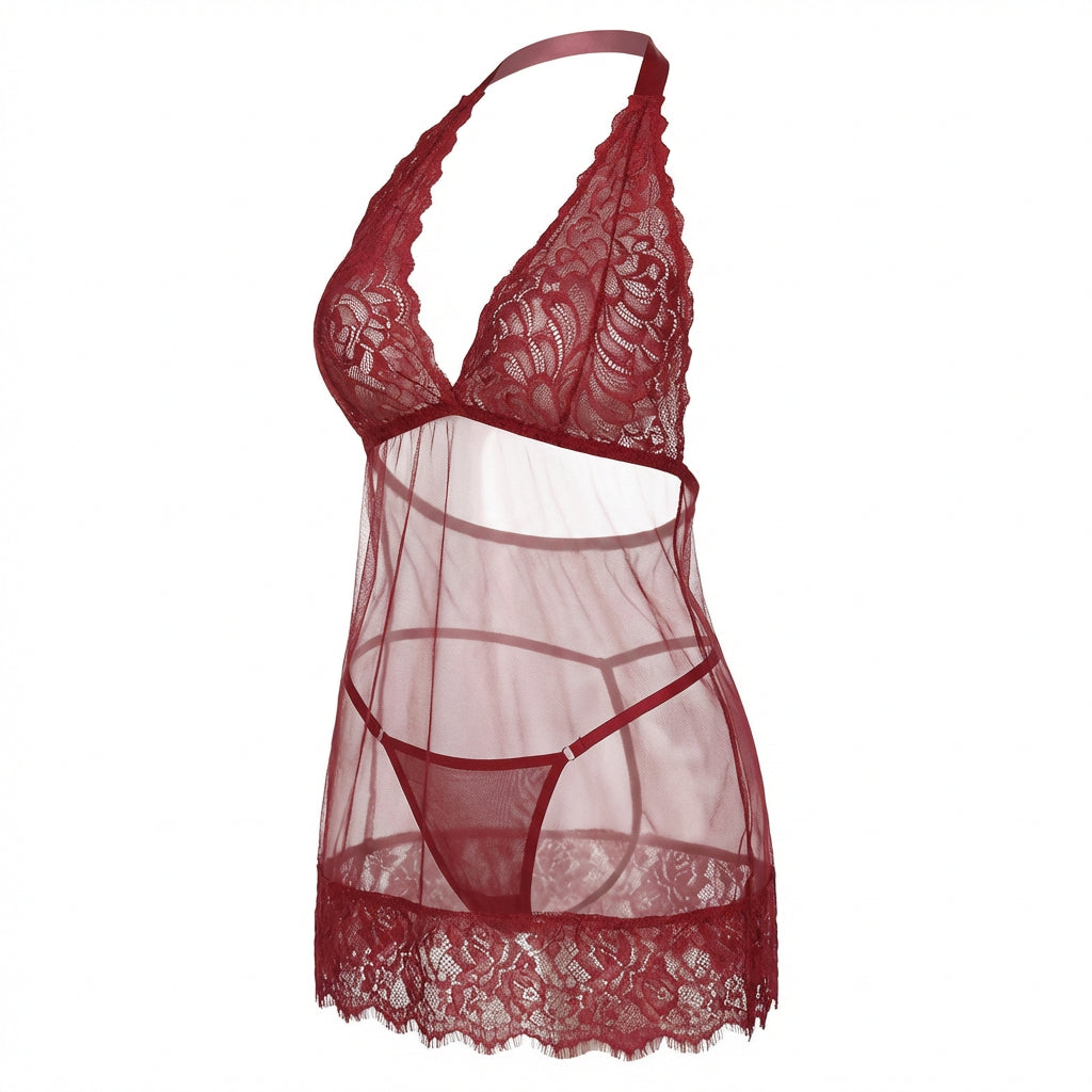 Marelia - Sheer Mesh Babydoll With Lace Trim And Brief Set