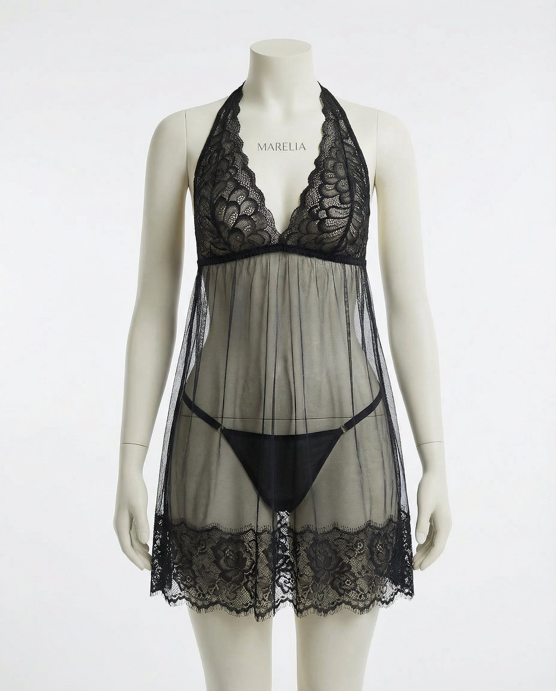Marelia - Sheer Mesh Babydoll With Lace Trim And Brief Set