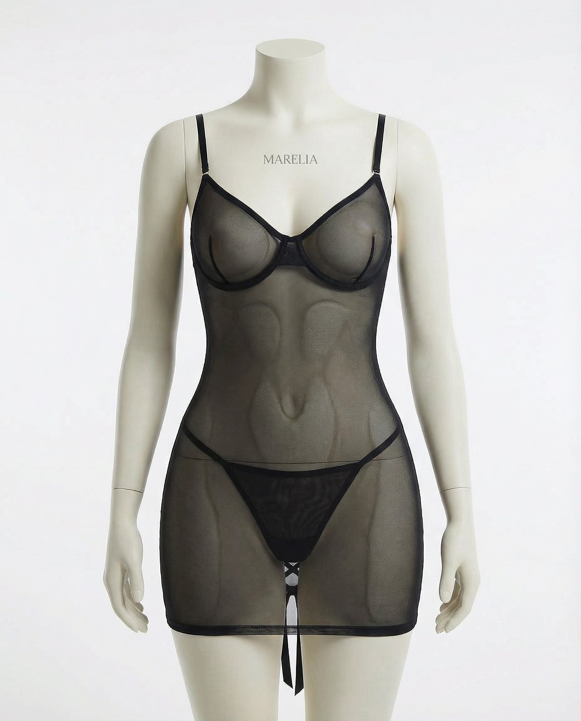 Marelia - Sheer Mesh Chemise With Lace-Up Side Detail And G-String