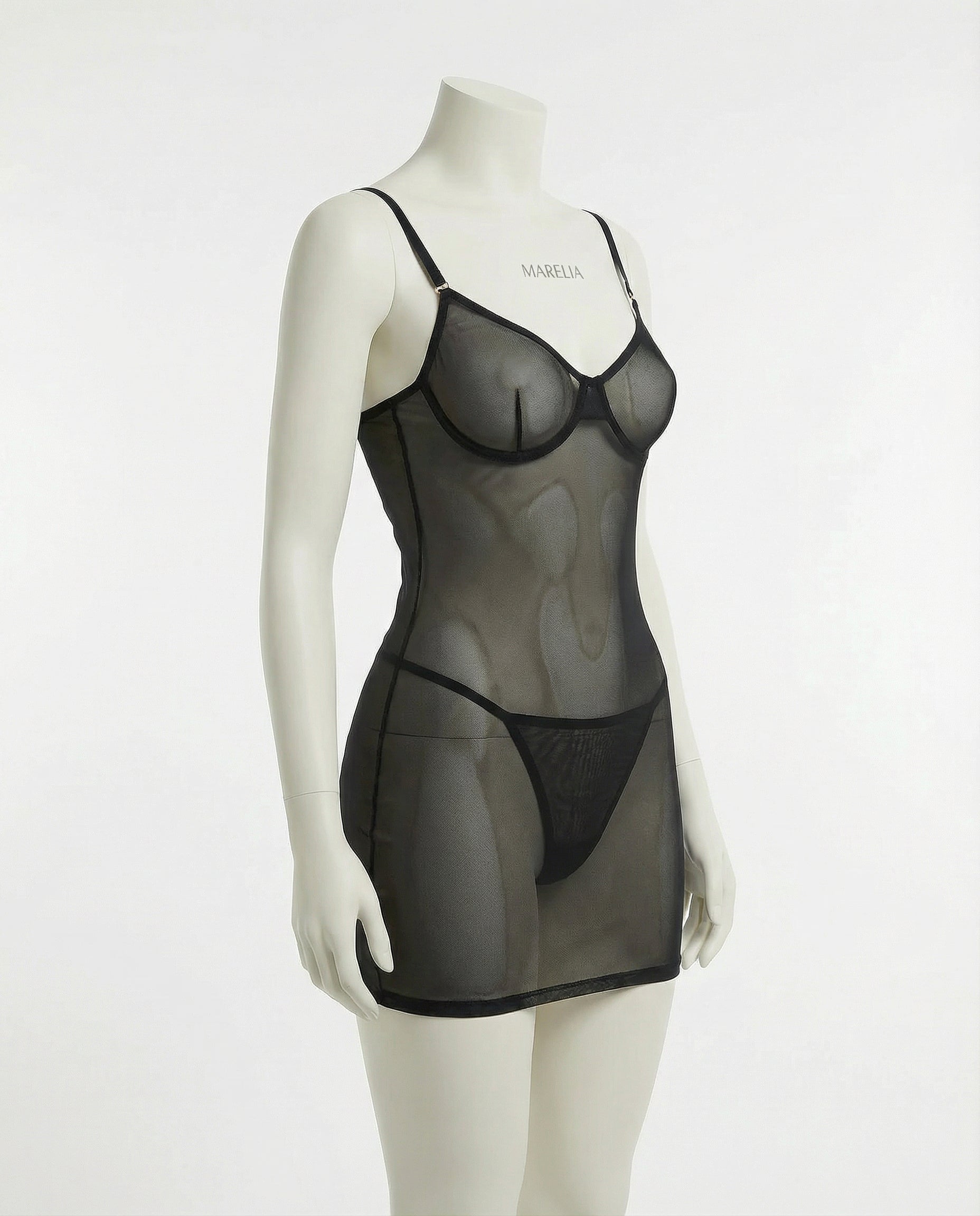 Marelia - Sheer Mesh Chemise With Lace-Up Side Detail And G-String