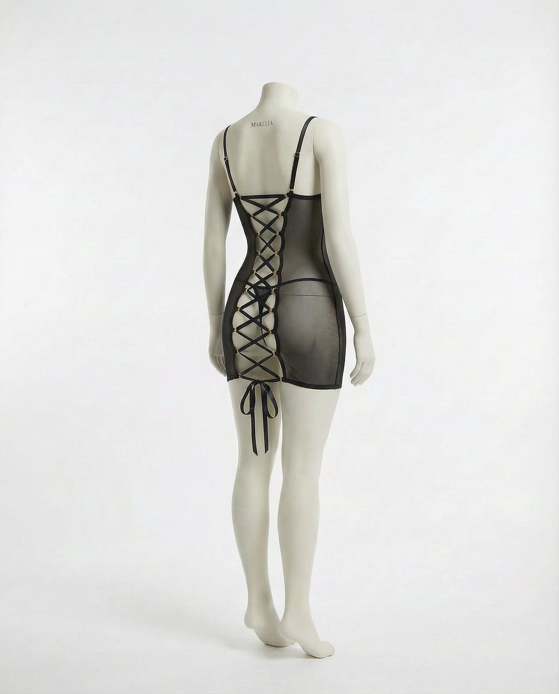 Marelia - Sheer Mesh Chemise With Lace-Up Side Detail And G-String