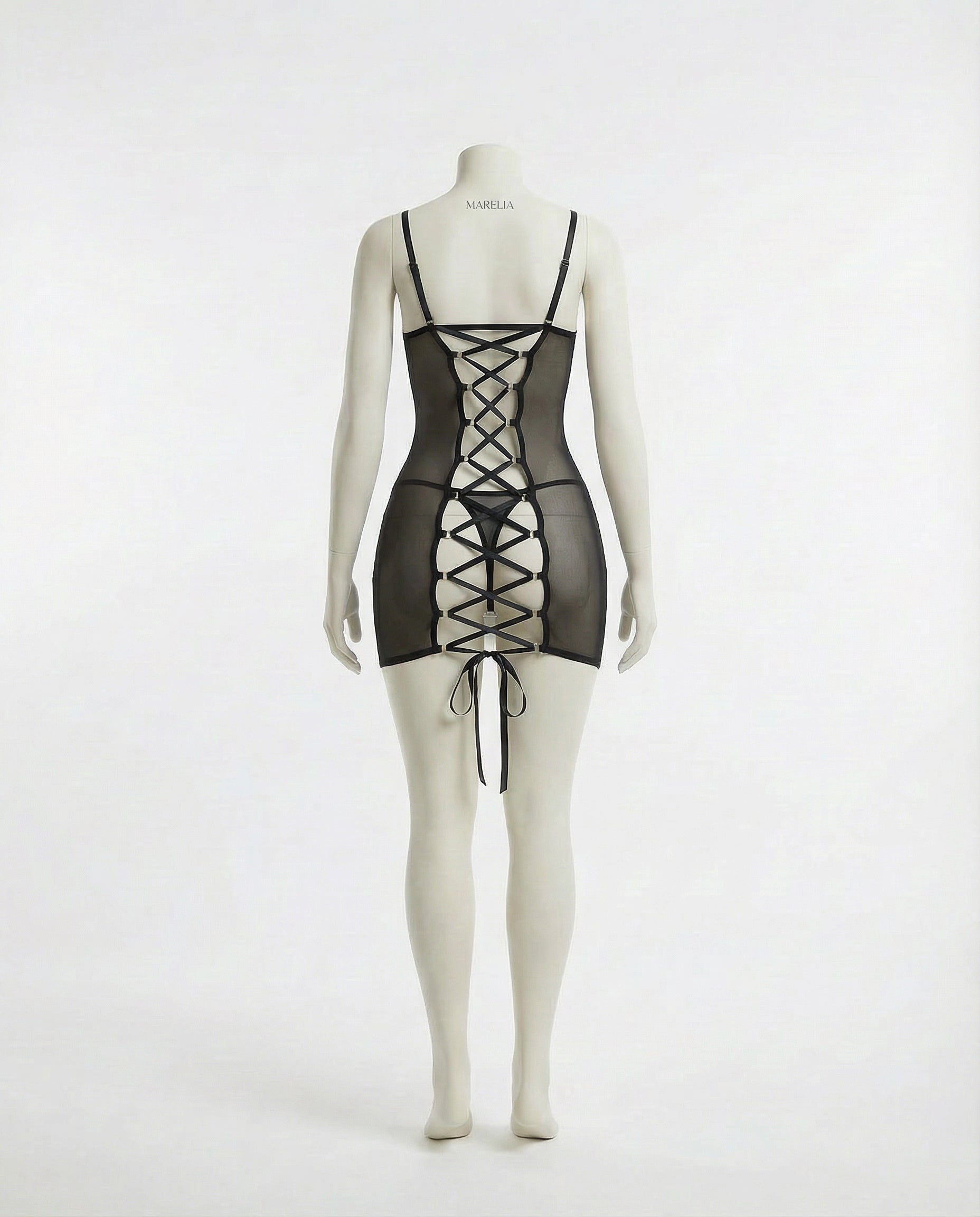 Marelia - Sheer Mesh Chemise With Lace-Up Side Detail And G-String