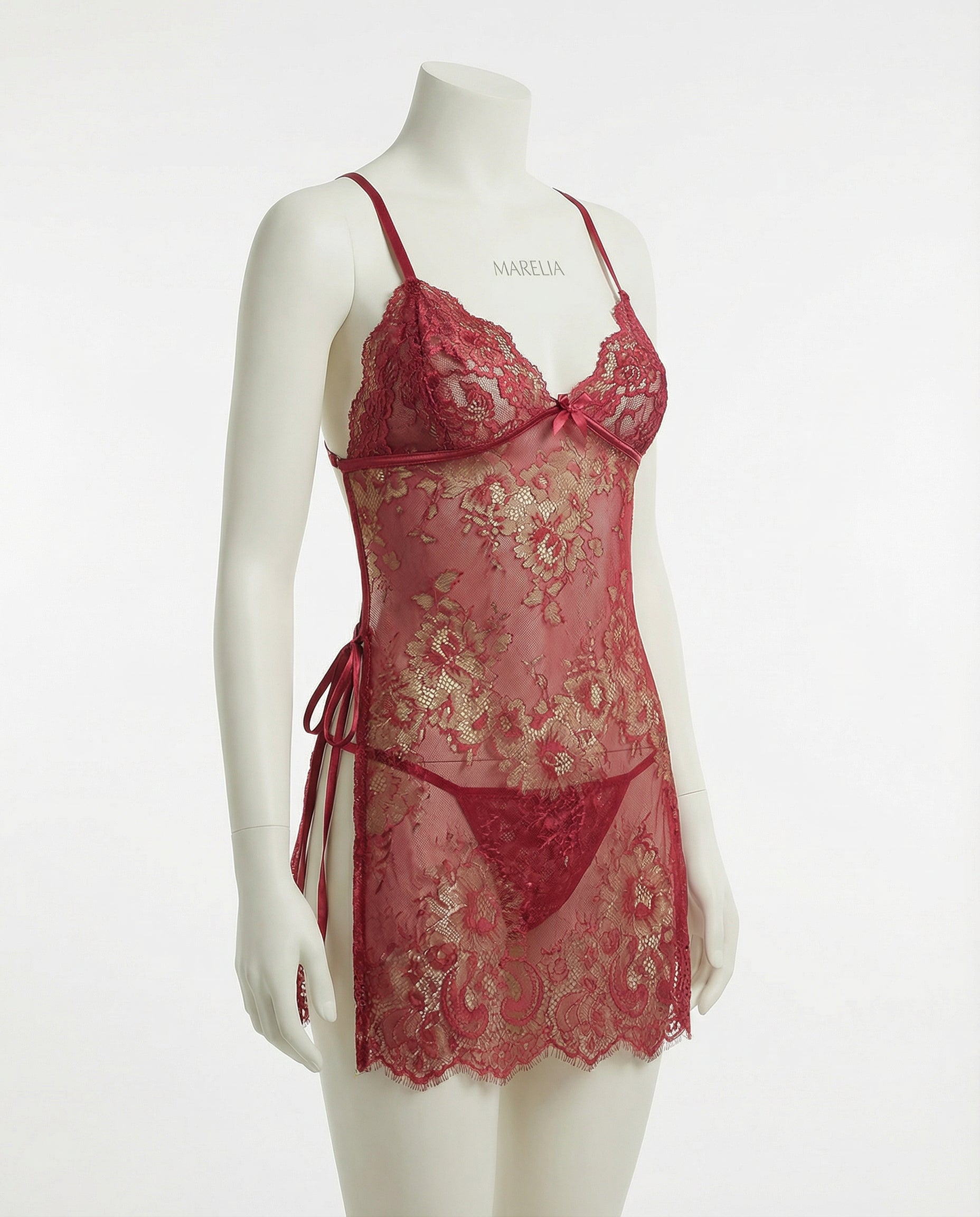 Marelia - Two-Piece Floral Lace Chemise With G-String Set