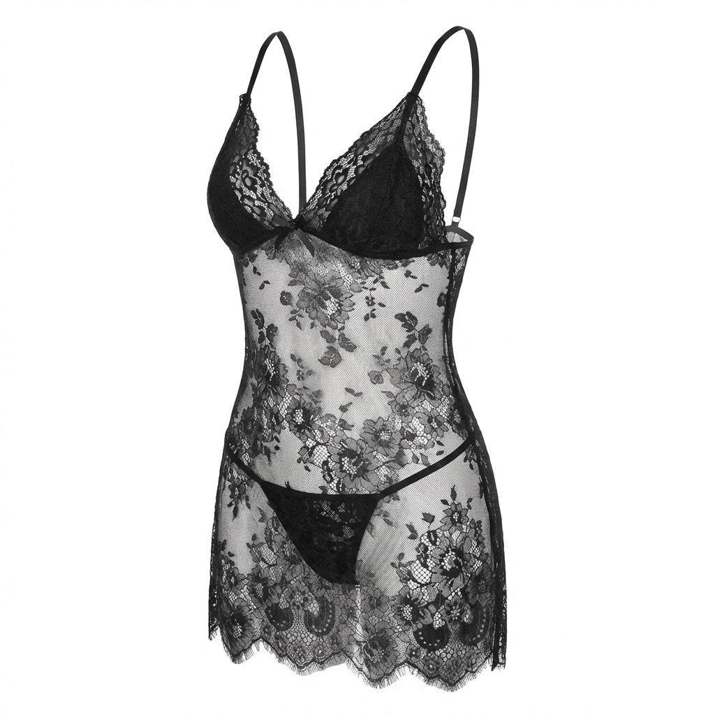 Marelia - Two-Piece Floral Lace Chemise With G-String Set