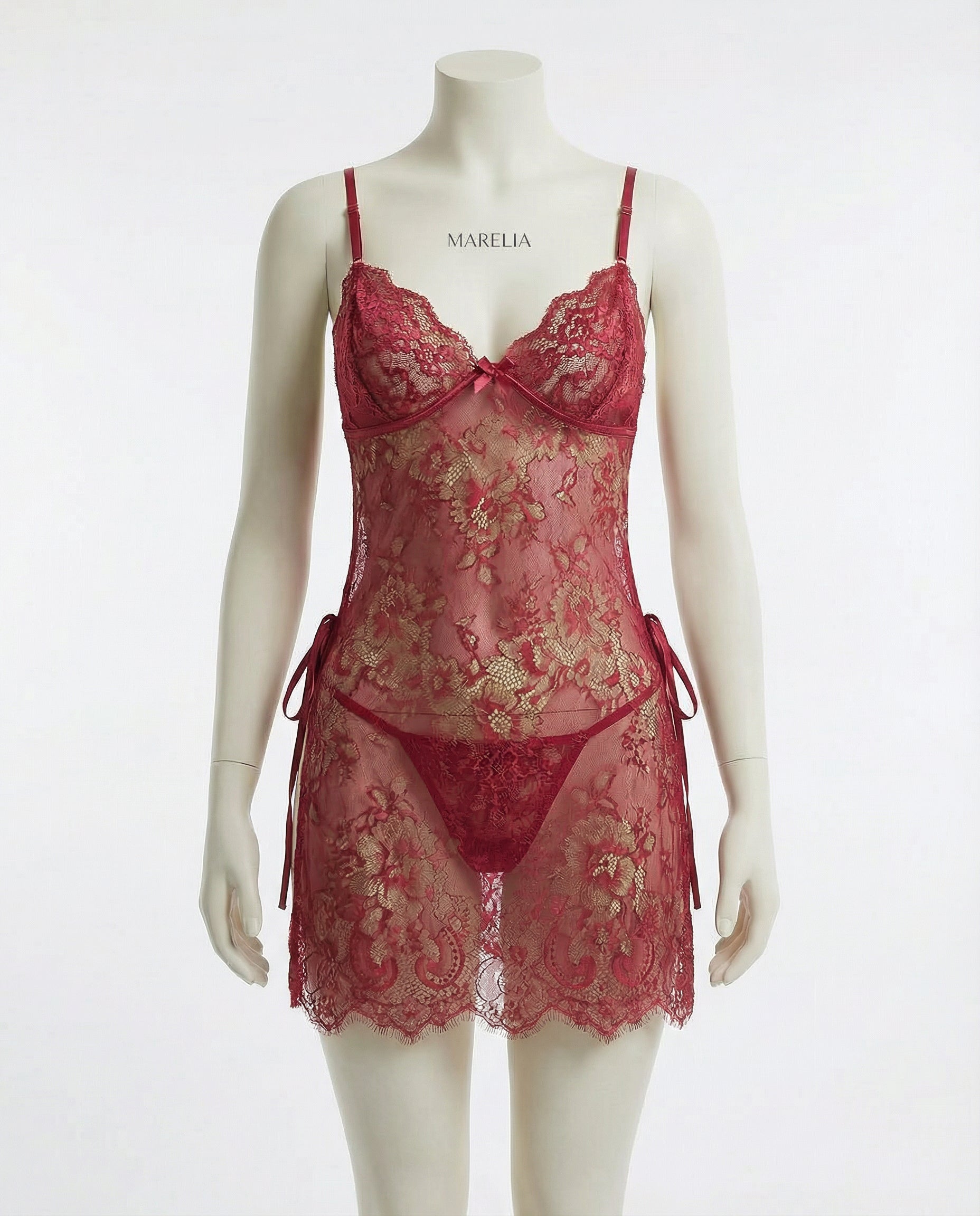 Marelia - Two-Piece Floral Lace Chemise With G-String Set