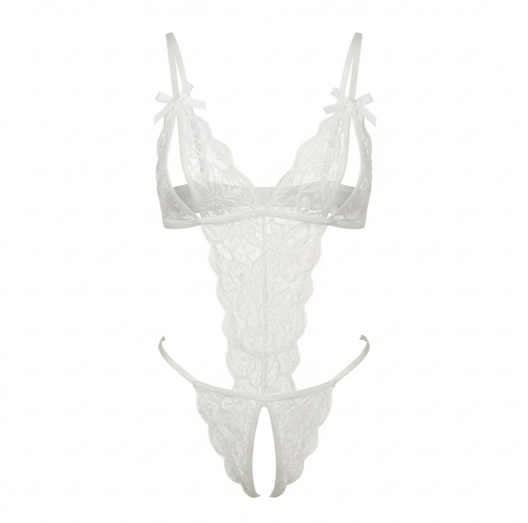 White Floral Lace Open Cup Crotchless Teddy - MARELIA
