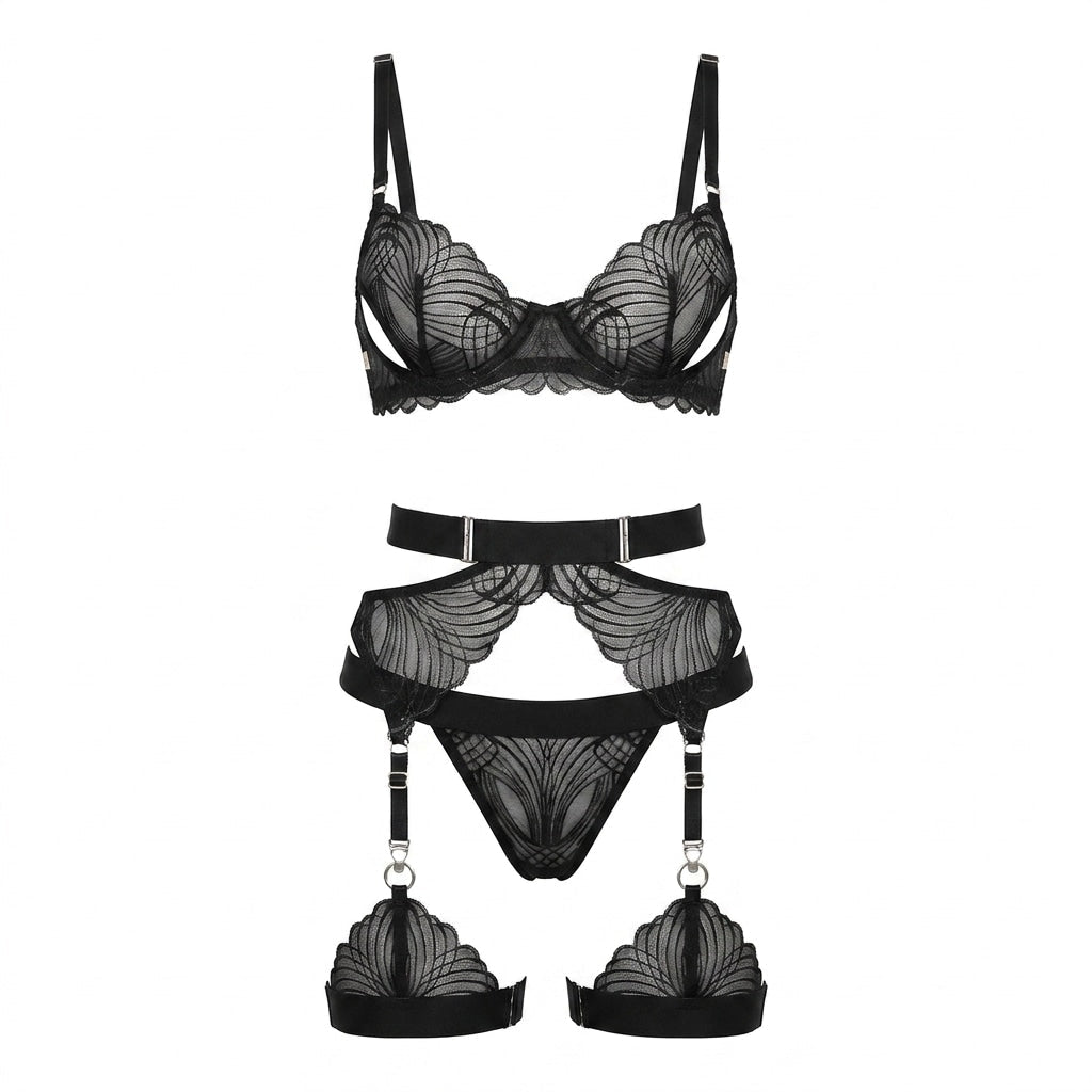 Black Art Deco Lace Crotchless Four Piece Lingerie Set - MARELIA