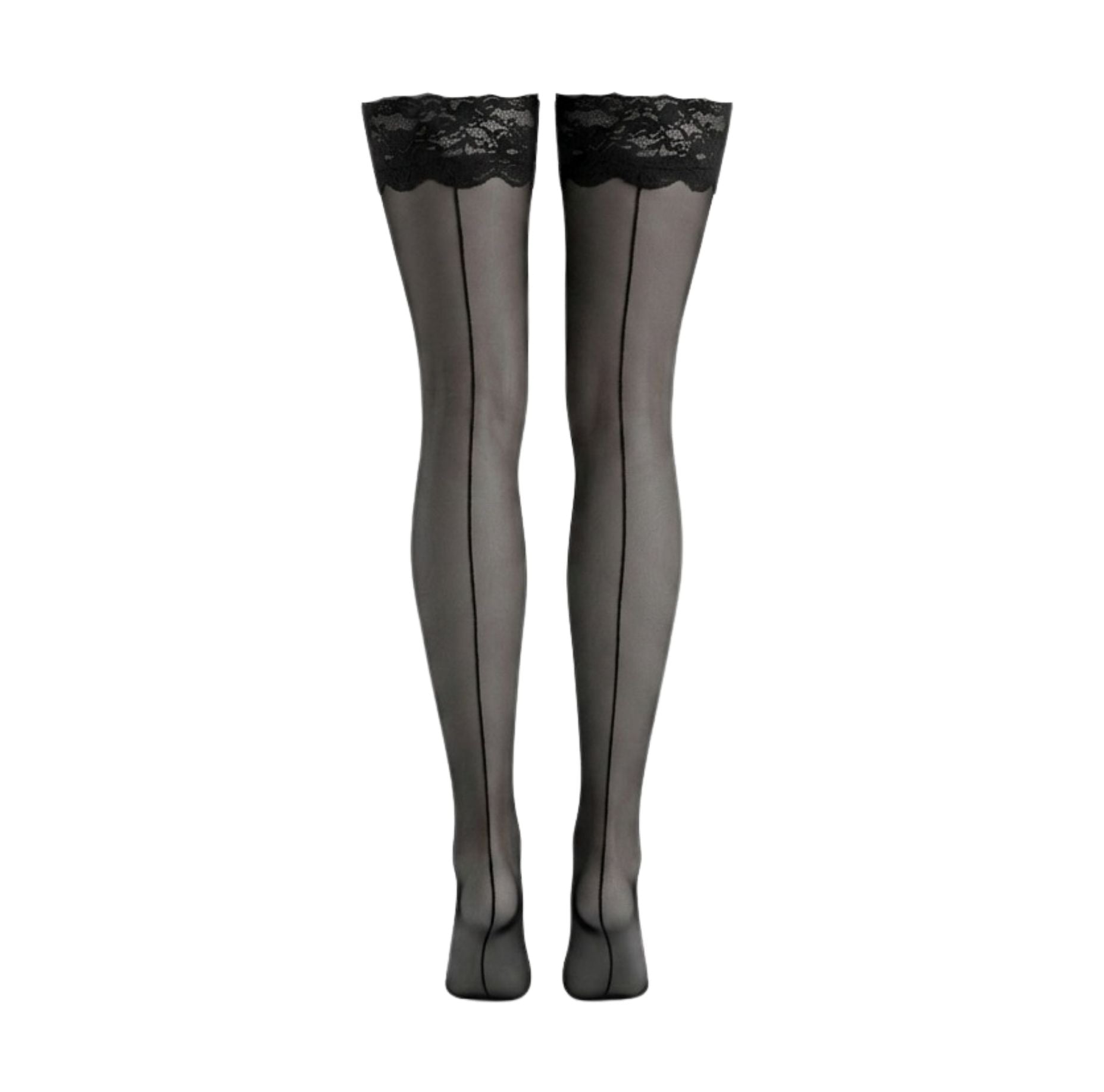 Black Back Seam Lace Top Hold-Up Stockings - MARELIA