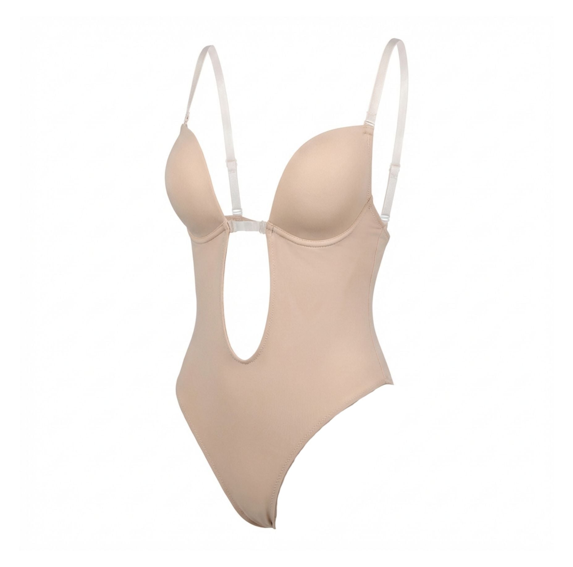 Beige backless plunge invisible bodysuit