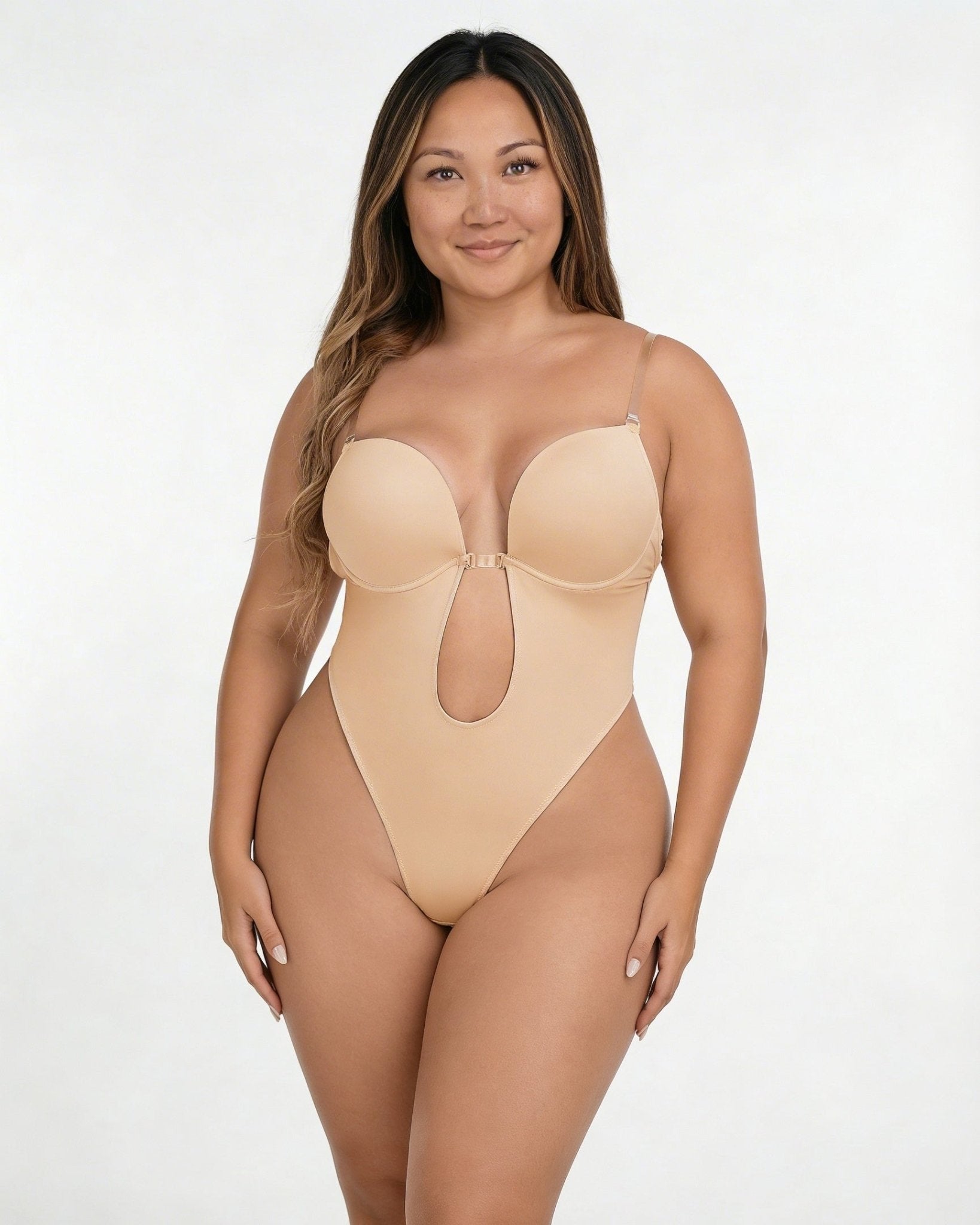 Beige Backless Plunge Invisible Bodysuit - MARELIA