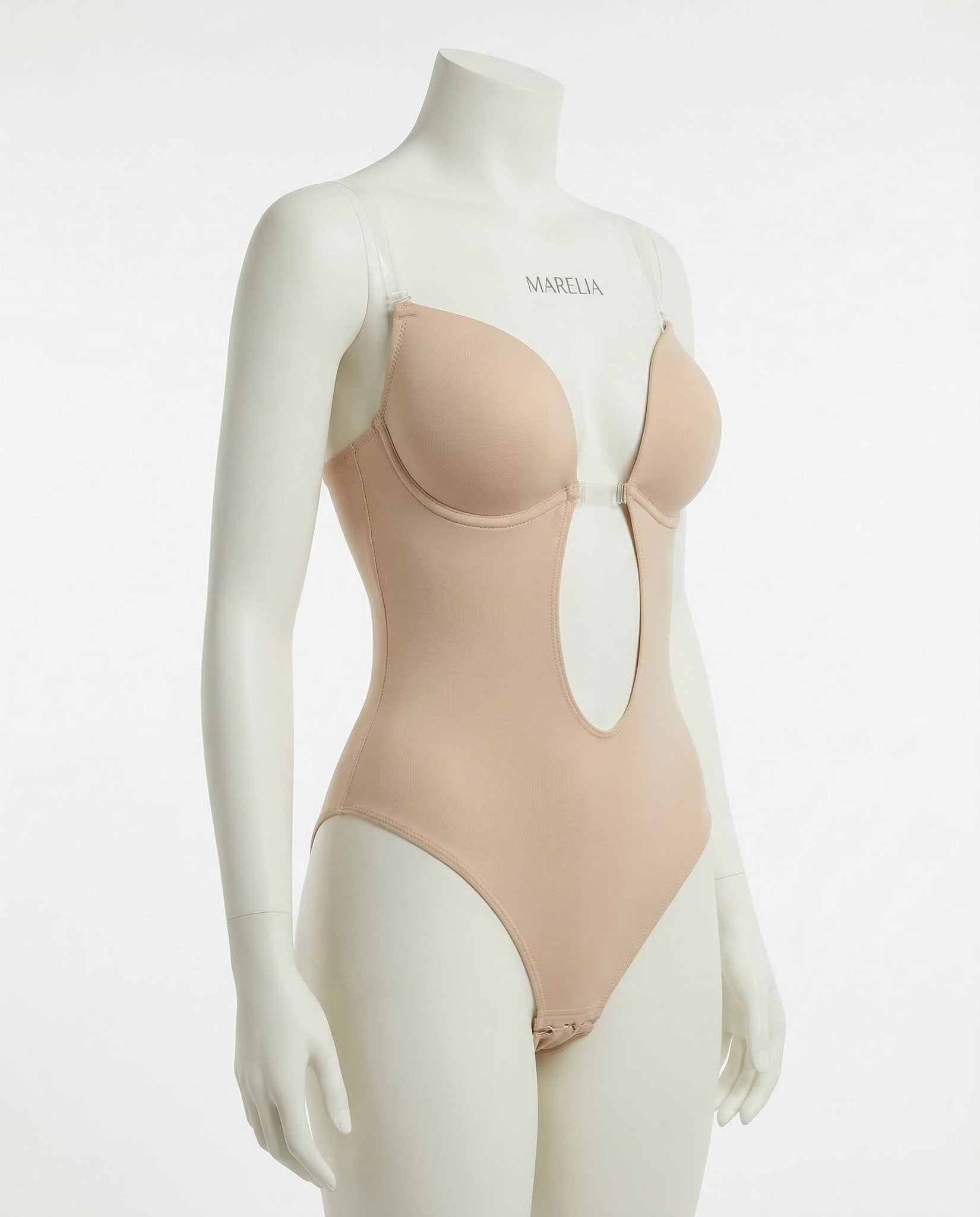 Beige backless plunge invisible bodysuit