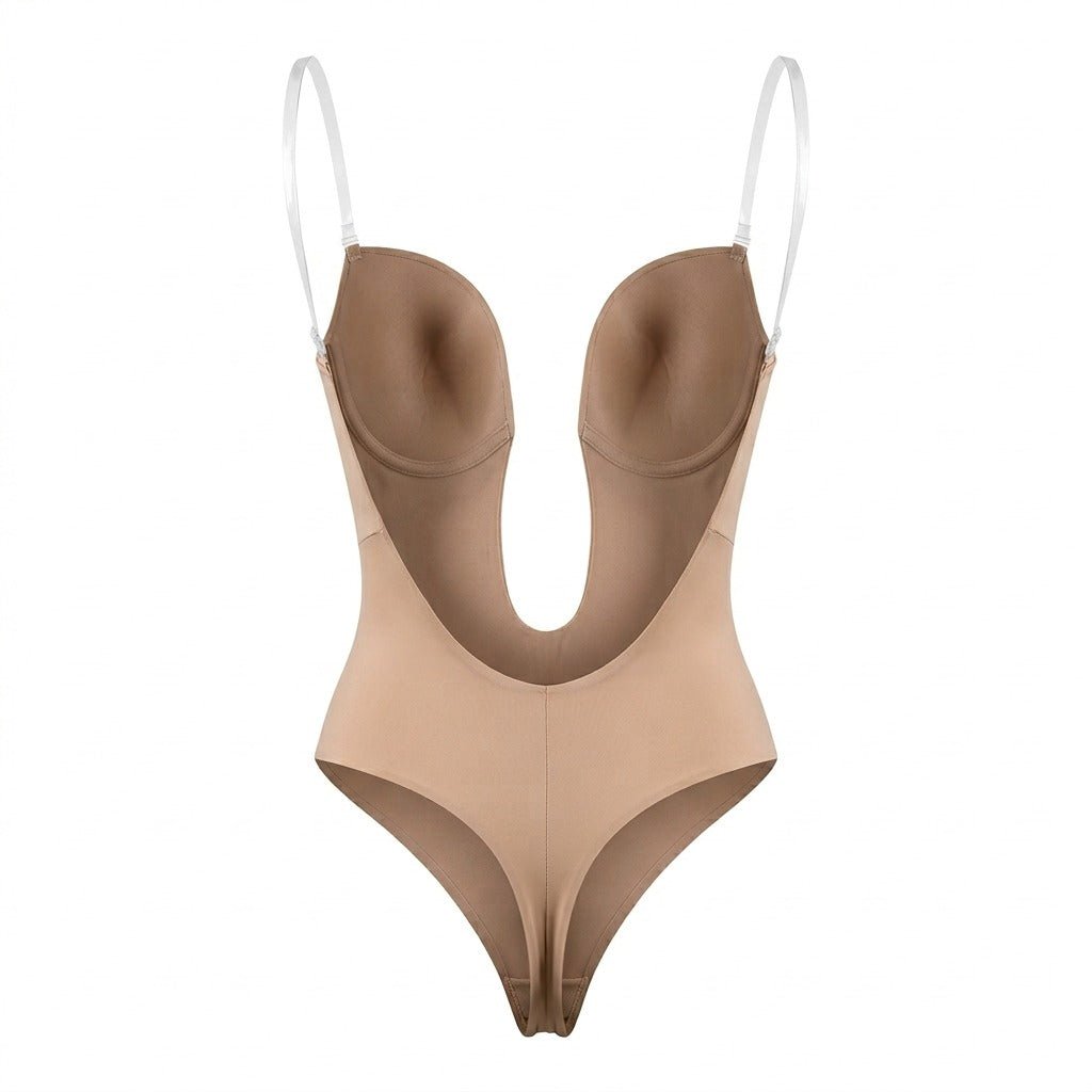 Beige backless plunge invisible bodysuit