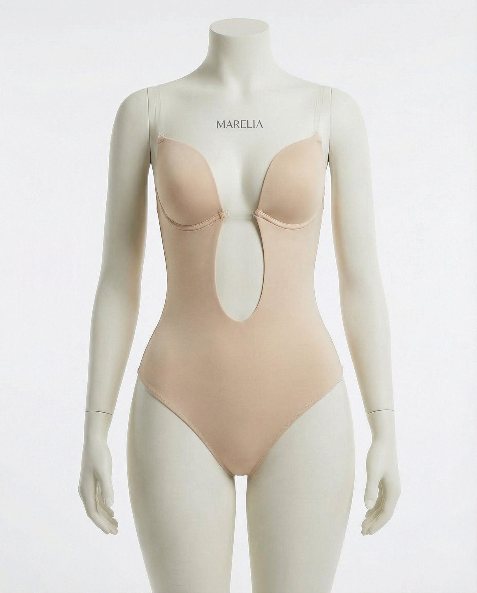 Beige backless plunge invisible bodysuit