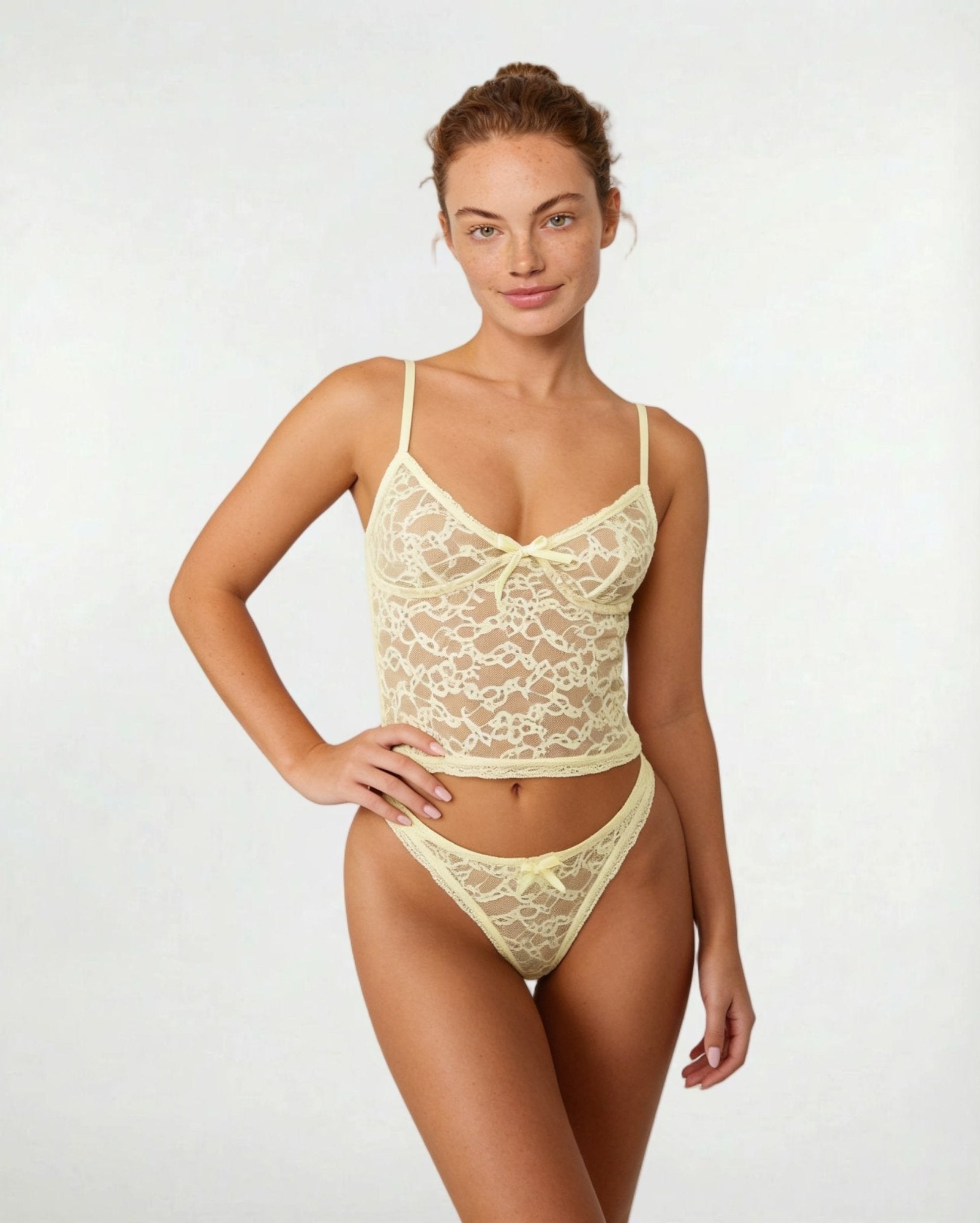 Butter yellow Bow Detail Lace Bralette Set - MARELIA