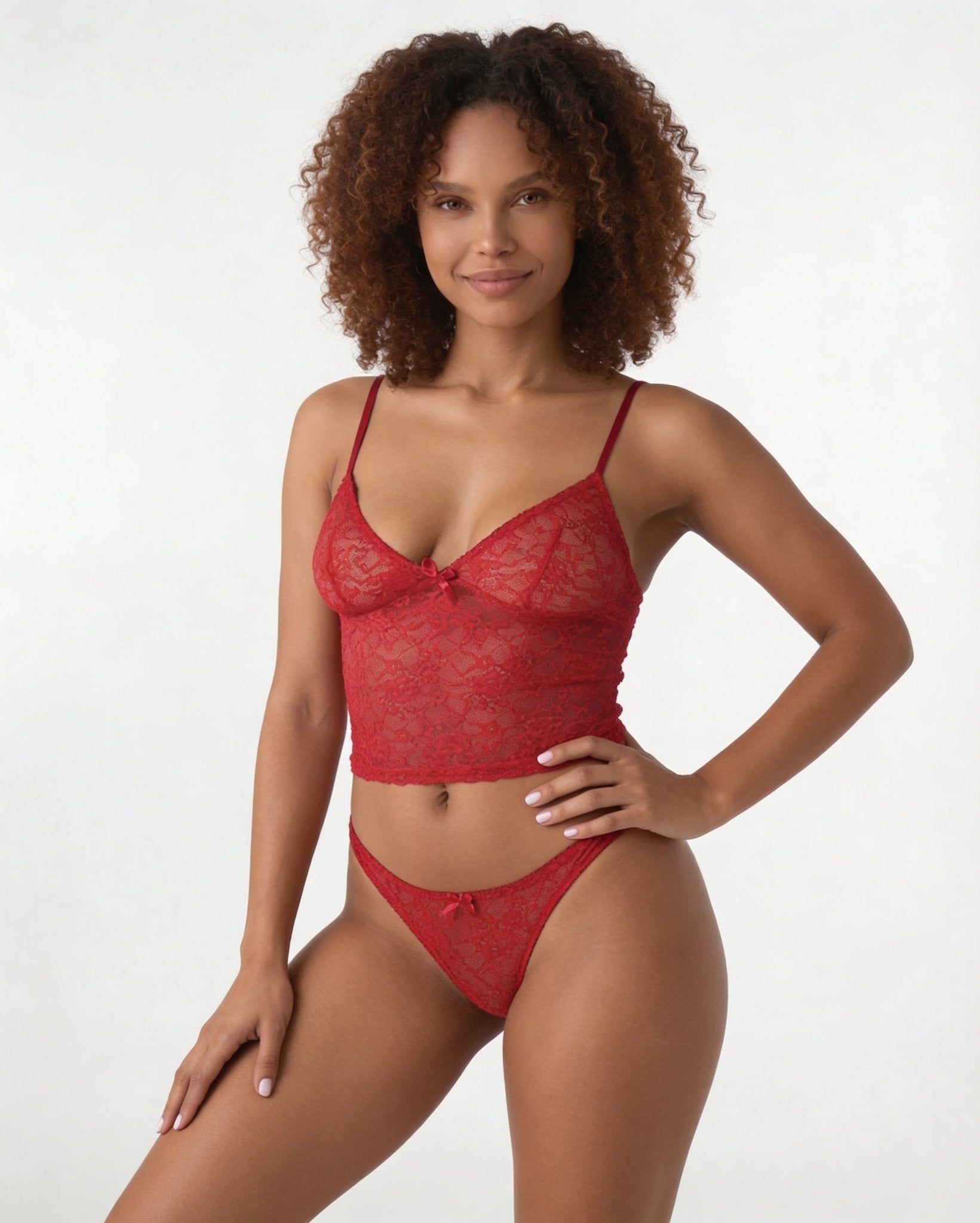 Red Bow Detail Lace Bralette Set - MARELIA
