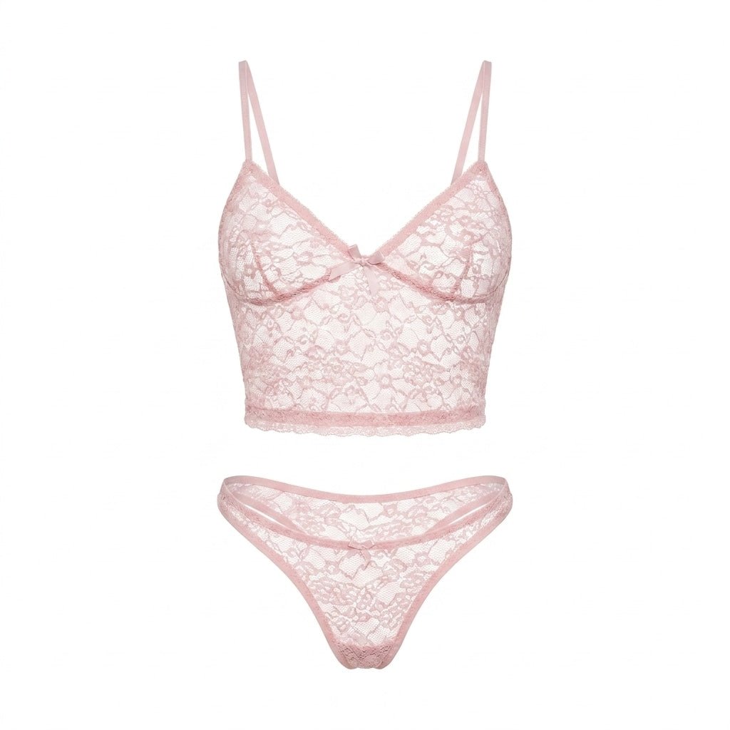 Pink Bow Detail Lace Bralette Set - MARELIA