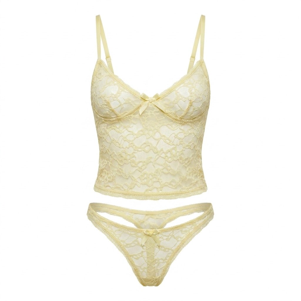 Butter yellow Bow Detail Lace Bralette Set - MARELIA