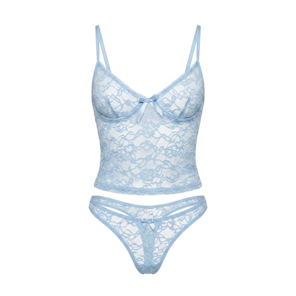 Baby Blue Bow Detail Lace Bralette Set - MARELIA