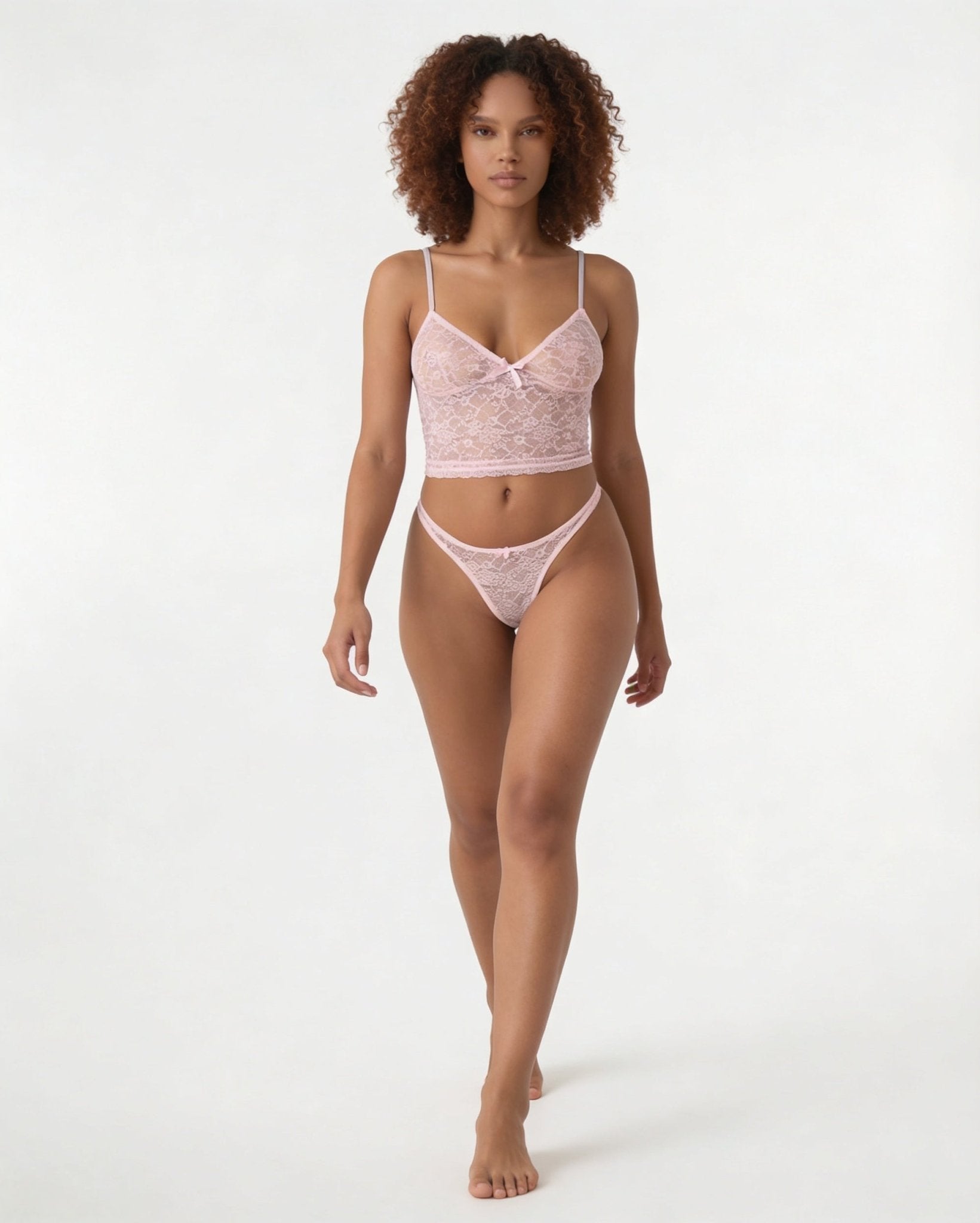 Pink Bow Detail Lace Bralette Set - MARELIA