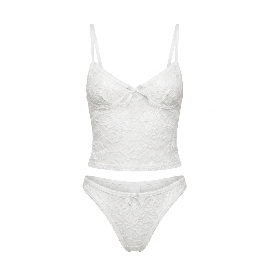 White Bow Detail Lace Bralette Set - MARELIA