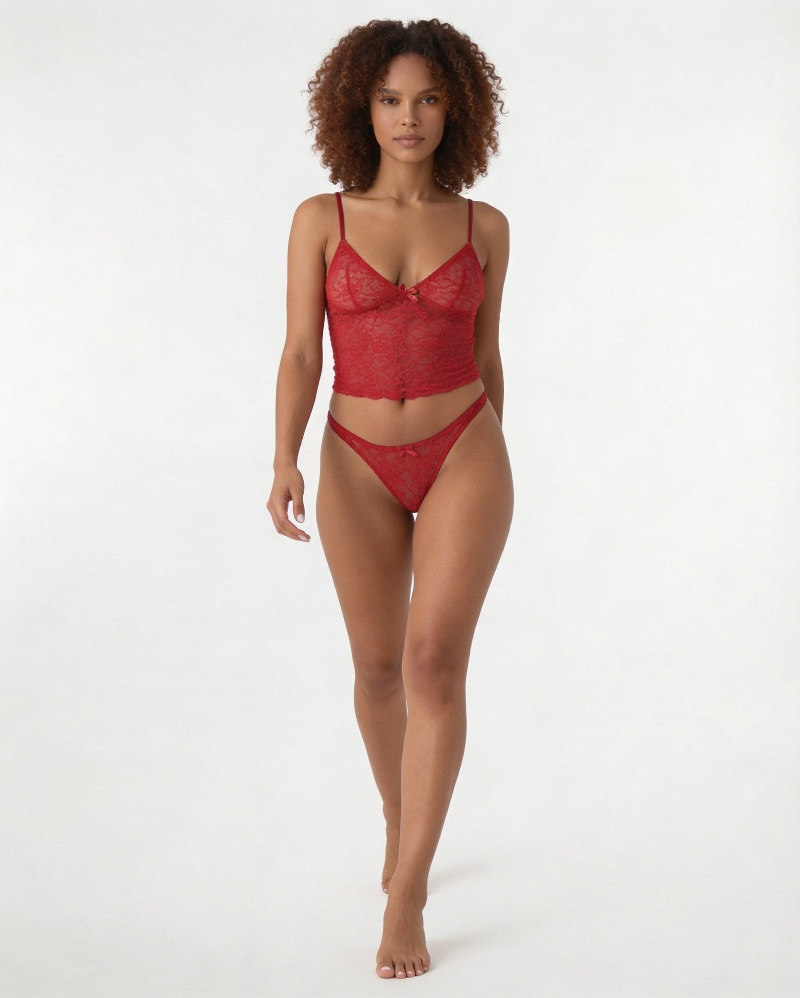 Red Bow Detail Lace Bralette Set - MARELIA