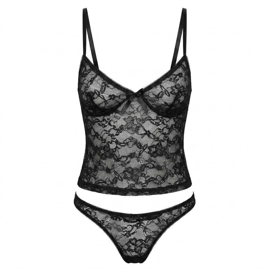 Black Bow Detail Lace Bralette Set - MARELIA