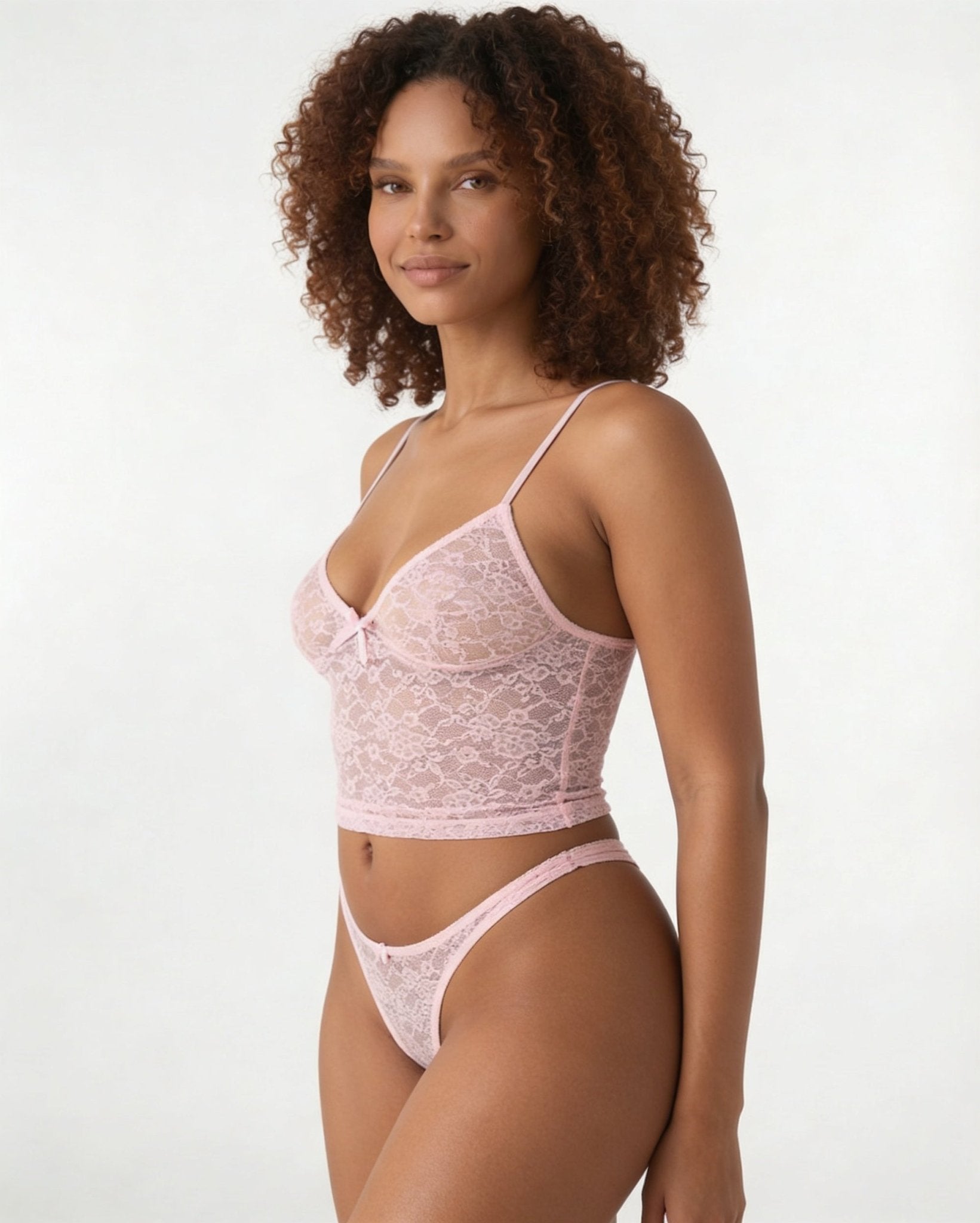 Pink Bow Detail Lace Bralette Set - MARELIA