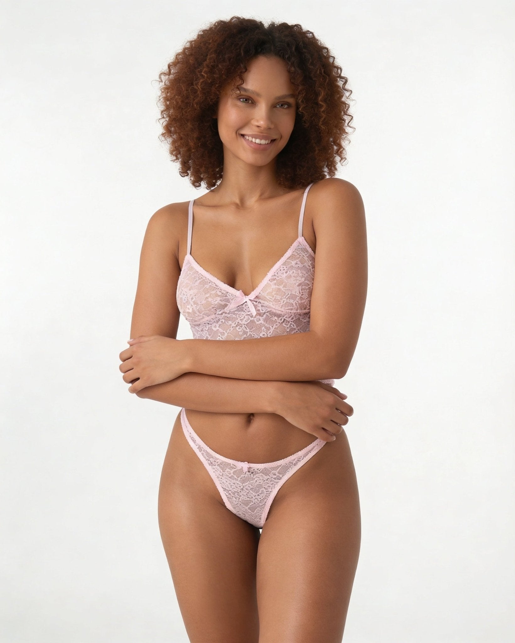 Pink Bow Detail Lace Bralette Set - MARELIA