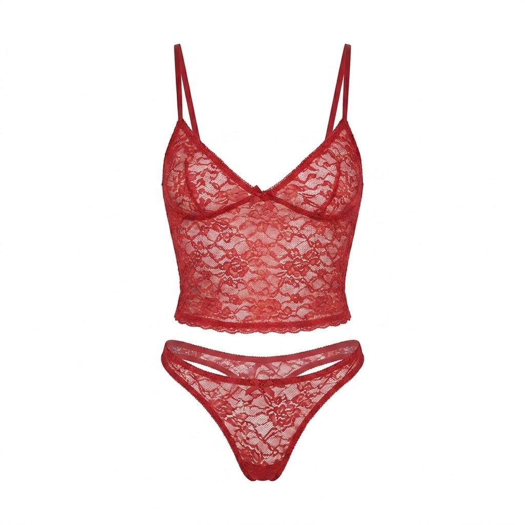Red Bow Detail Lace Bralette Set - MARELIA