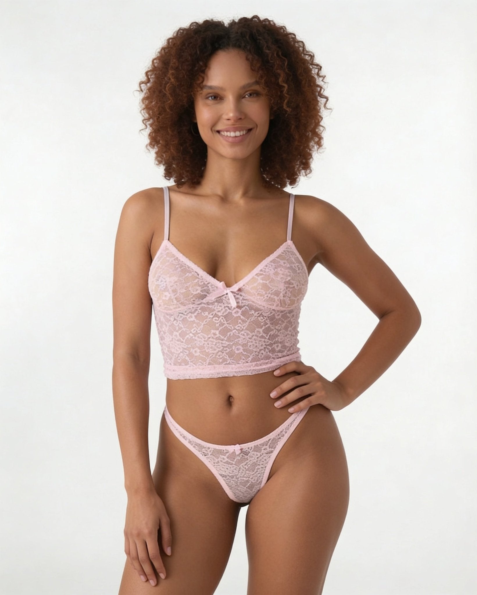 Pink Bow Detail Lace Bralette Set - MARELIA