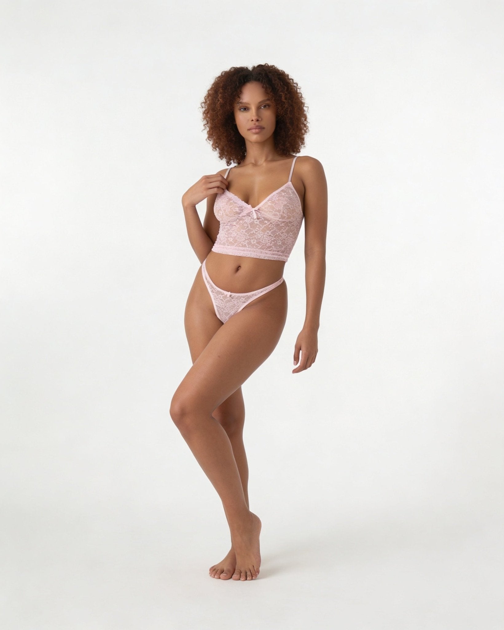 Pink Bow Detail Lace Bralette Set - MARELIA
