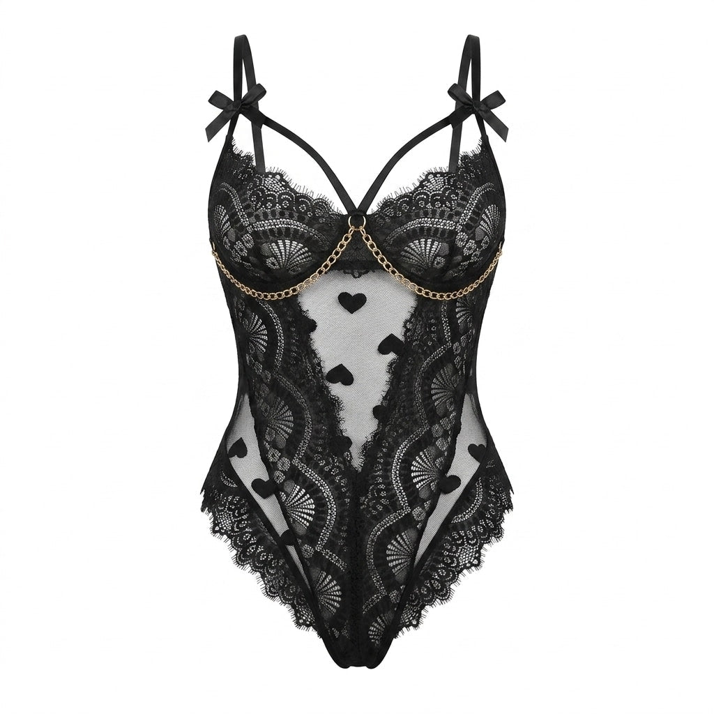 Black Chain Detail Underwired Lace Bodysuit - MARELIA