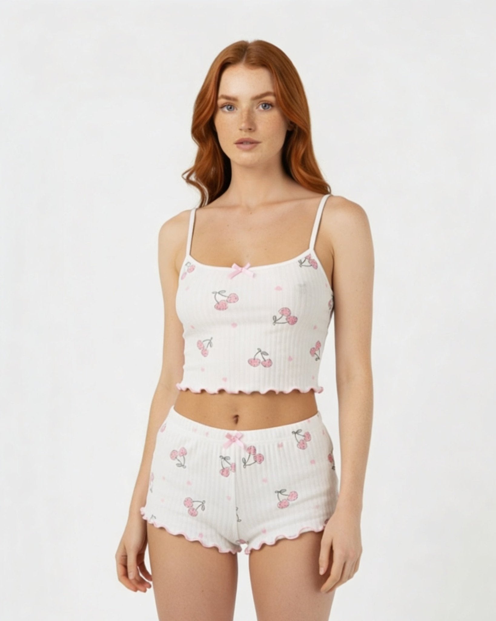 White Cherry Print Ribbed Cami Pyjama Set - MARELIA