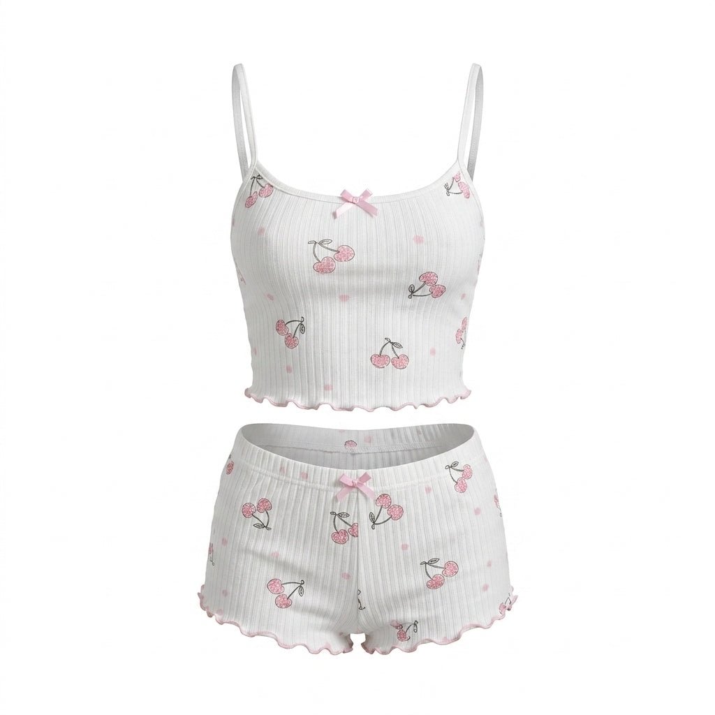 White Cherry Print Ribbed Cami Pyjama Set - MARELIA