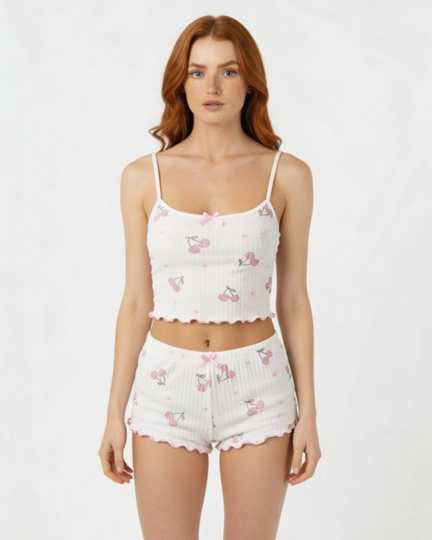 White Cherry Print Ribbed Cami Pyjama Set - MARELIA