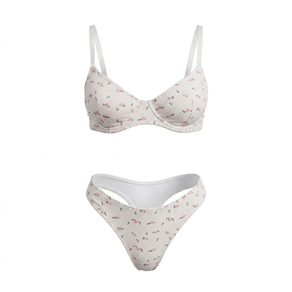 Pink Cotton Cherry Print Bralette Set - MARELIA