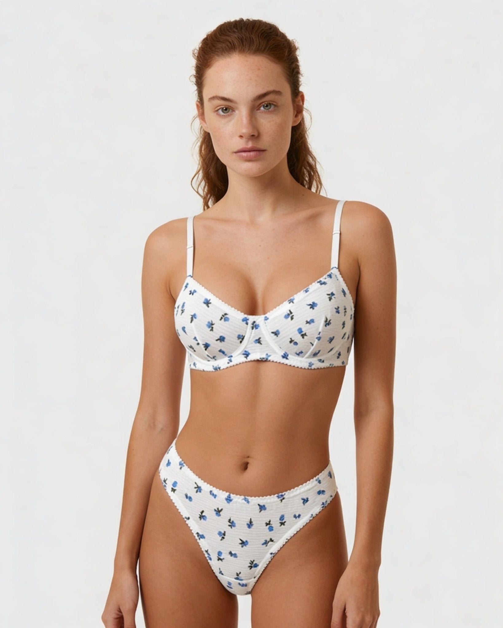 Blue Cotton Cherry Print Bralette Set - MARELIA