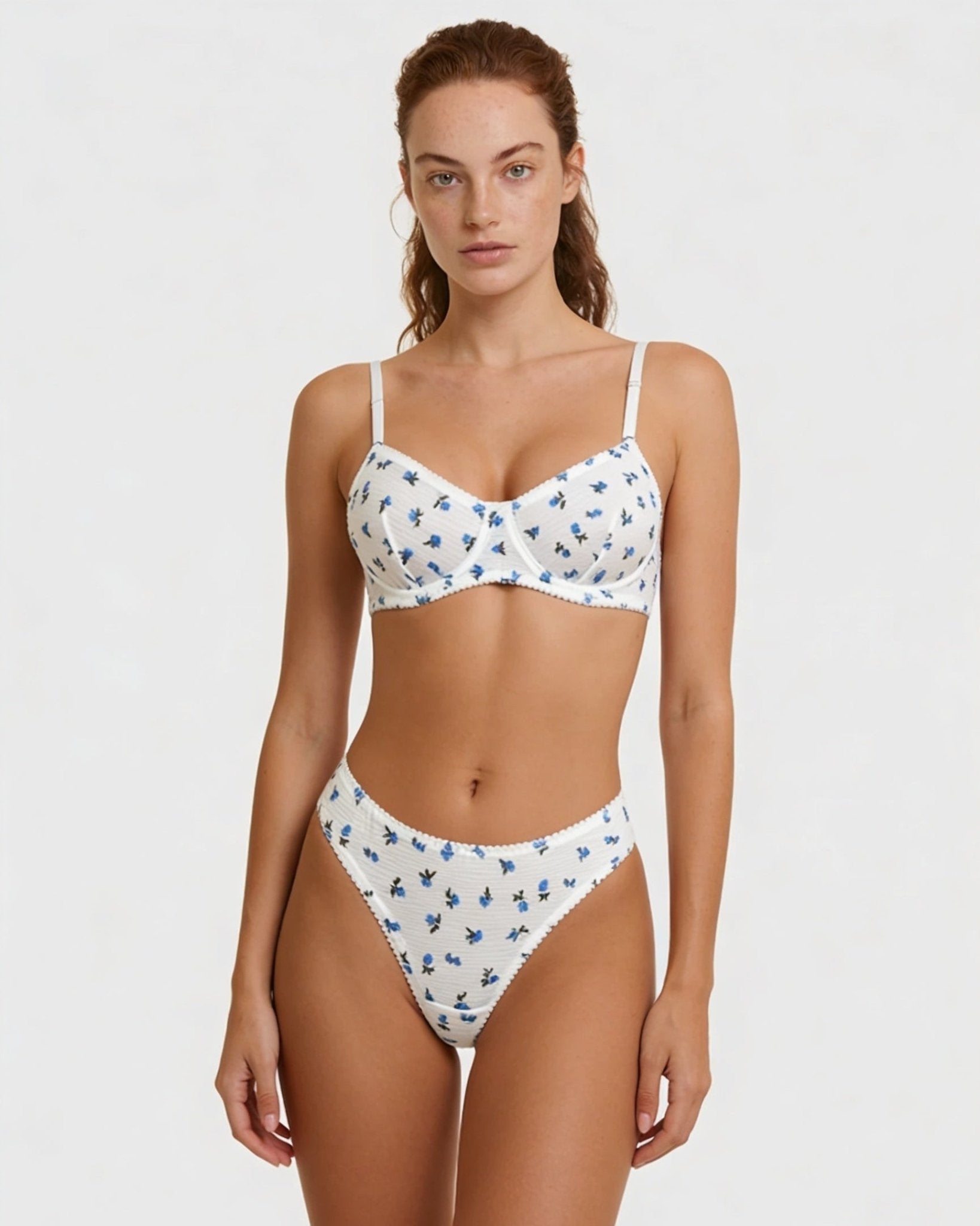 Blue Cotton Cherry Print Bralette Set - MARELIA