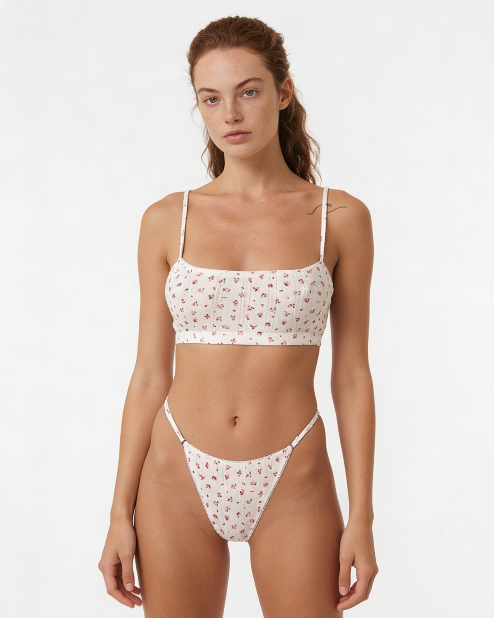 Pink Cotton Floral Print Bralette and Thong Set - MARELIA