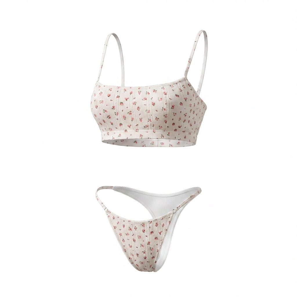 Pink Cotton Floral Print Bralette and Thong Set - MARELIA